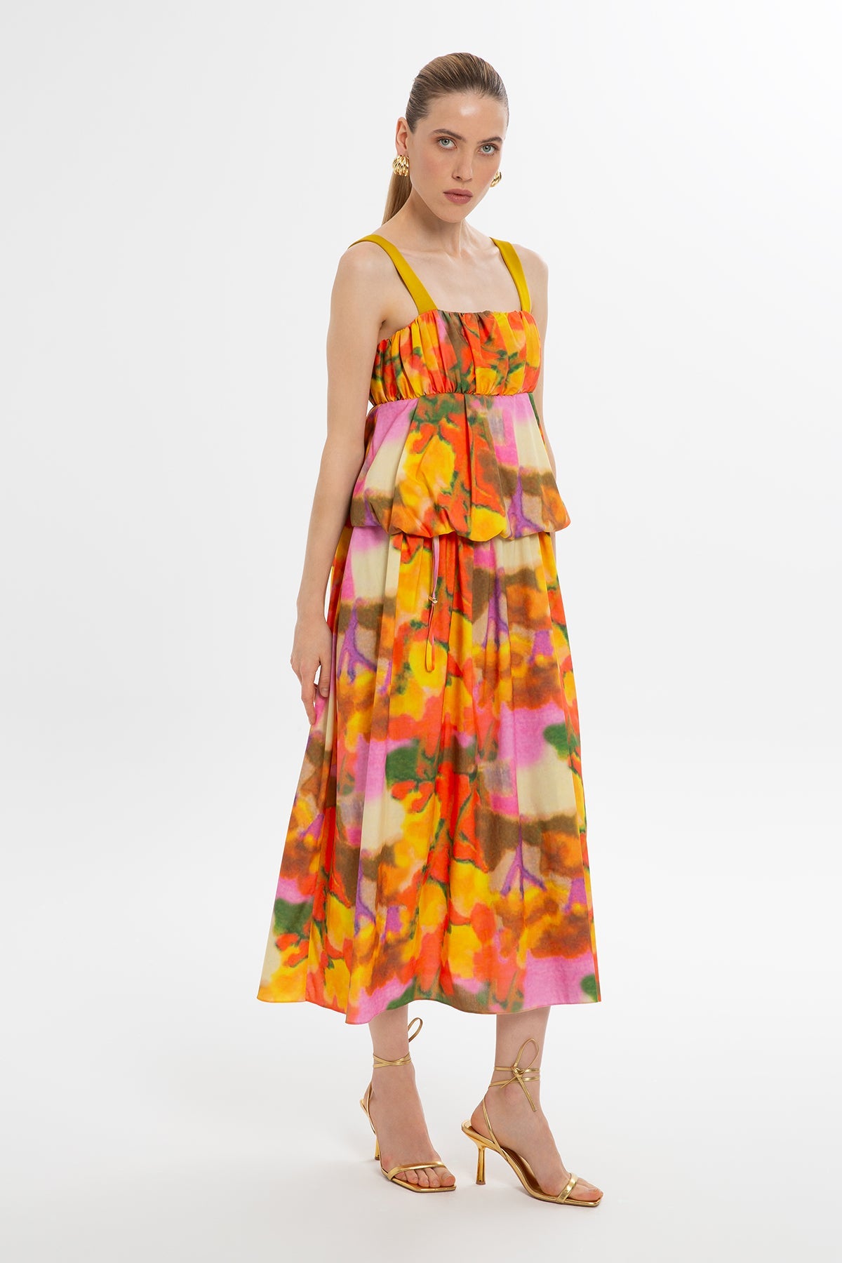Printed Strappy Balloon Midi Dress