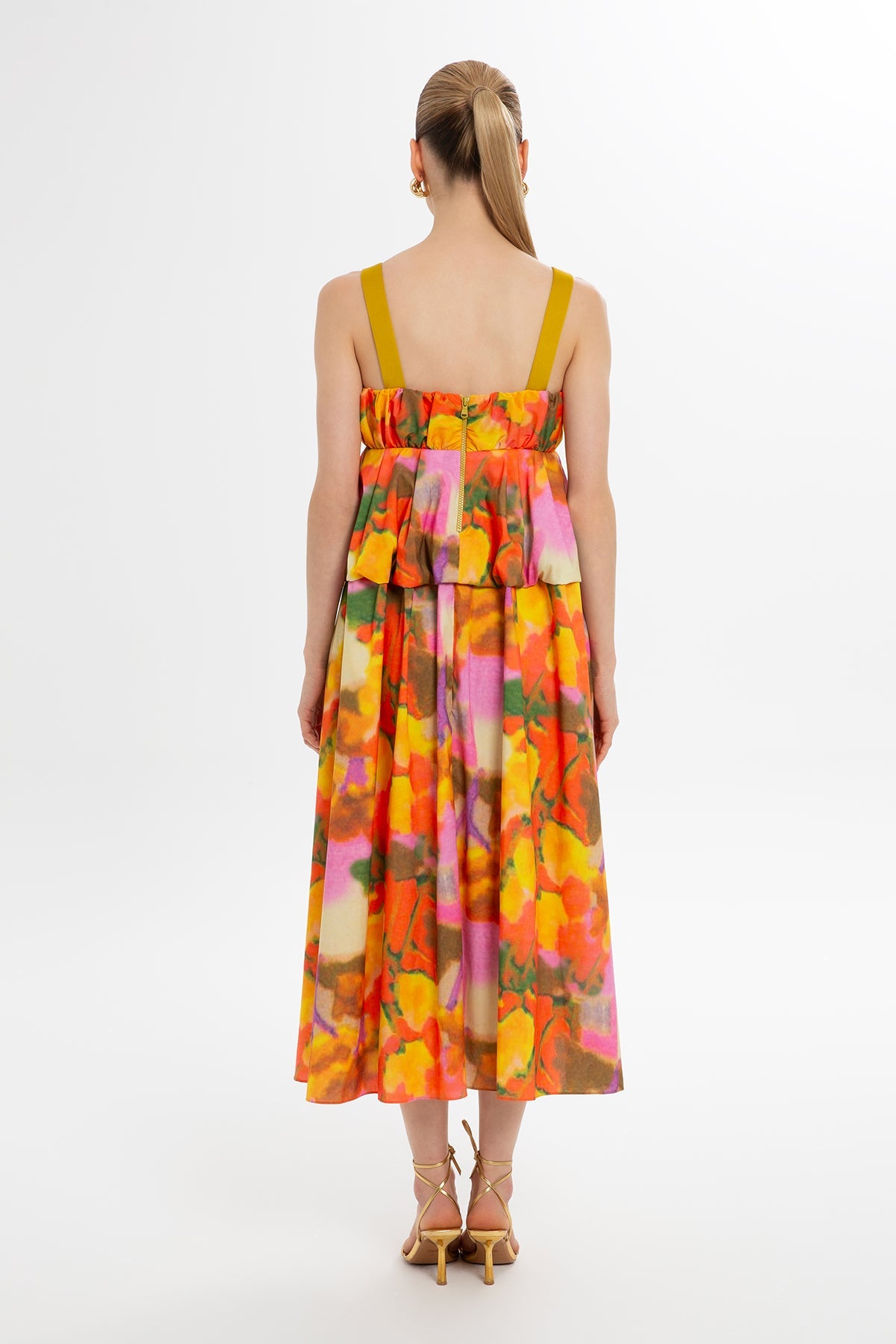 Printed Strappy Balloon Midi Dress