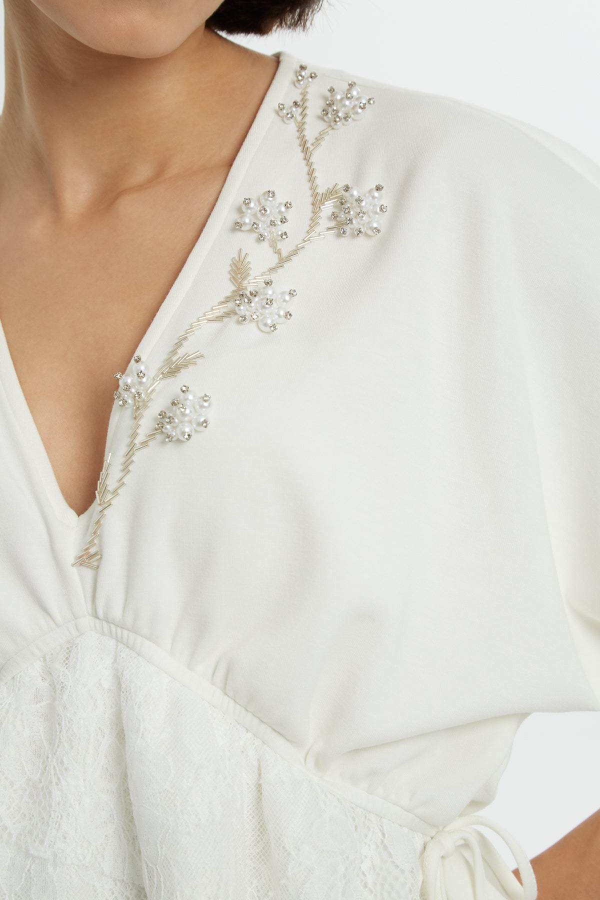 Ecru Beaded V-Neck Blouse