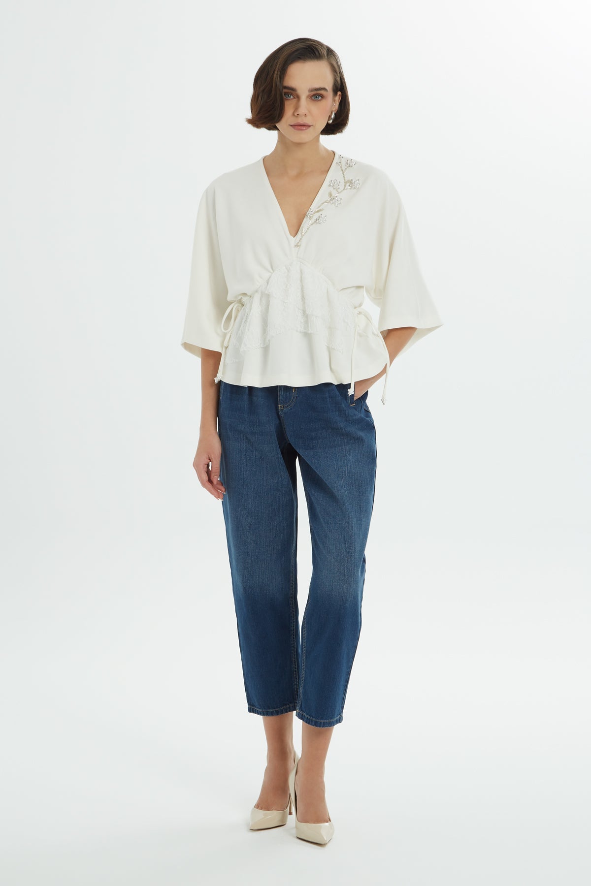 Ecru Beaded V-Neck Blouse