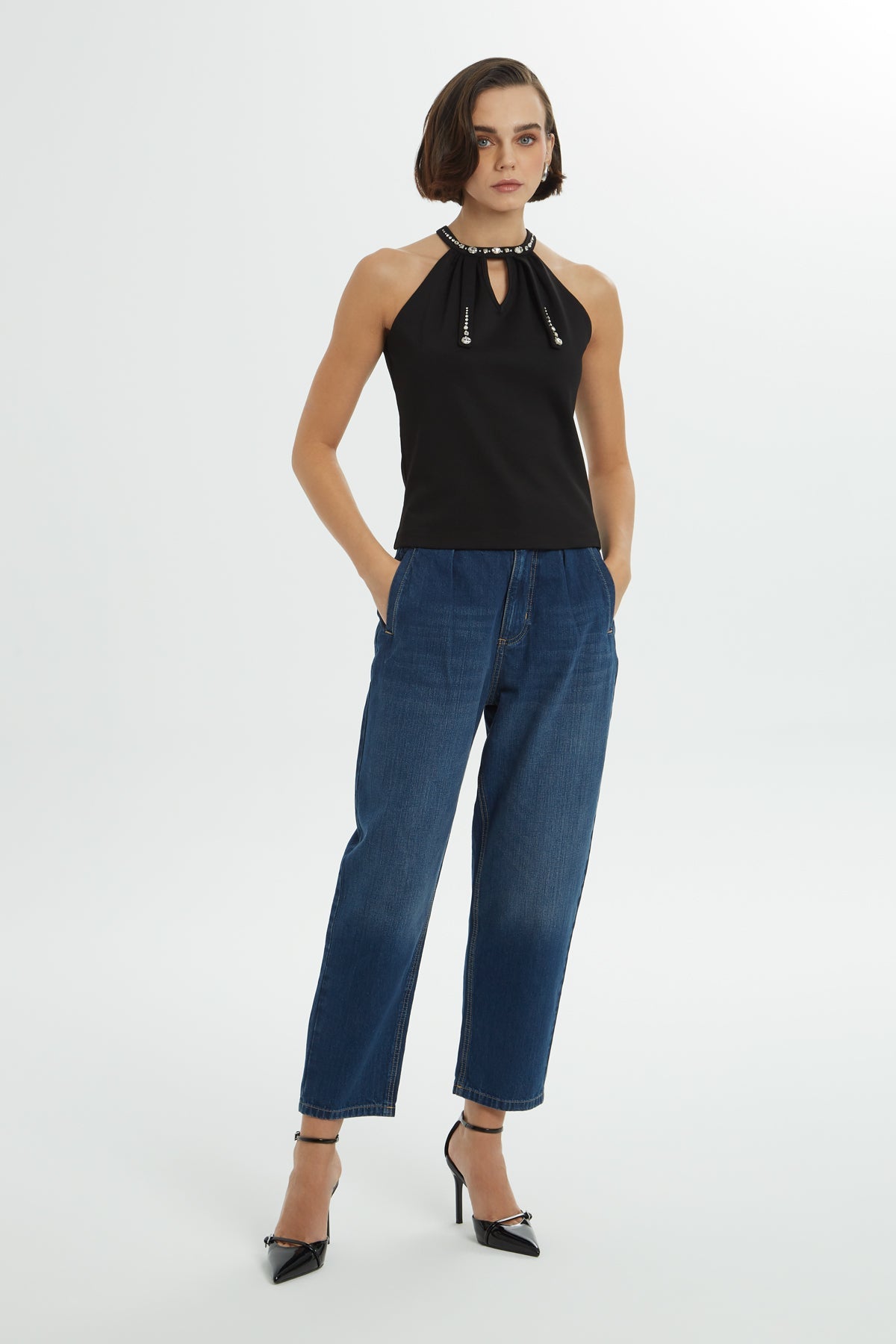 Black Halter Neck Teardrop Blouse