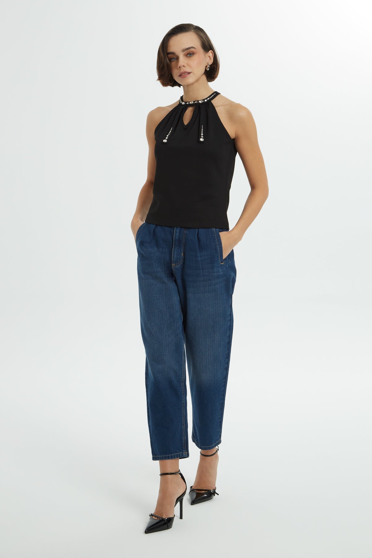 Black Halter Neck Teardrop Blouse