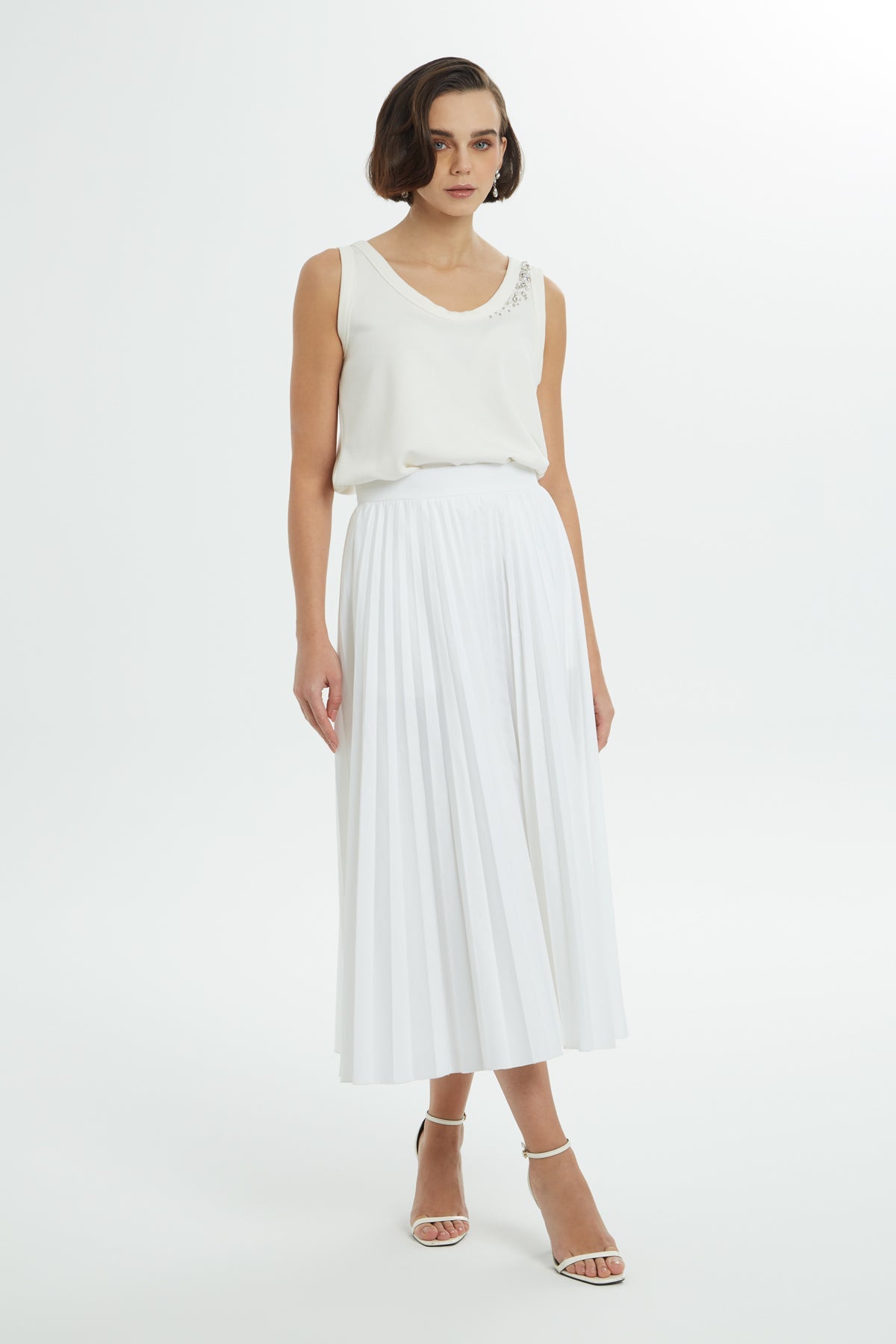 White Pleated Cotton Midi Skirt