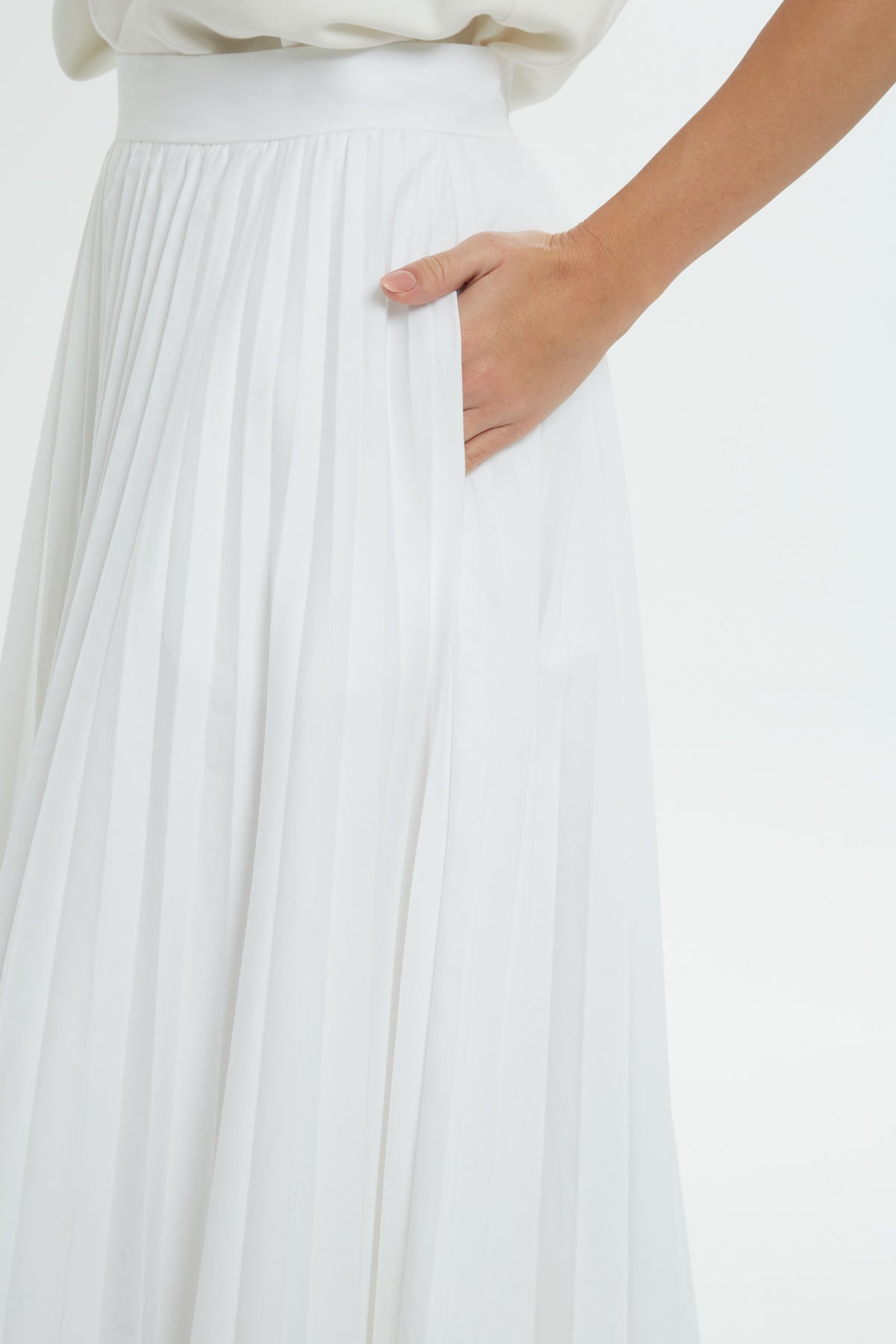 White Pleated Cotton Midi Skirt