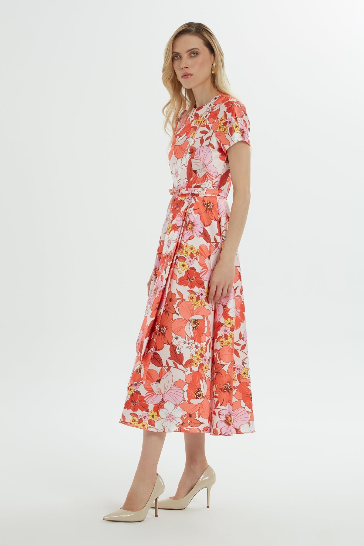 Printed Midi Dress with Belted Waist