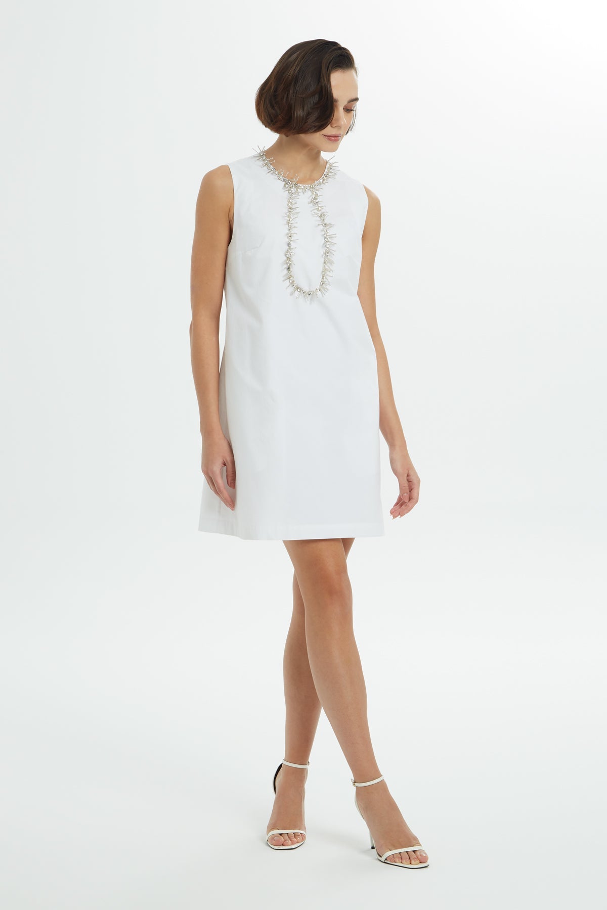 White Stone-Embellished Short Dress