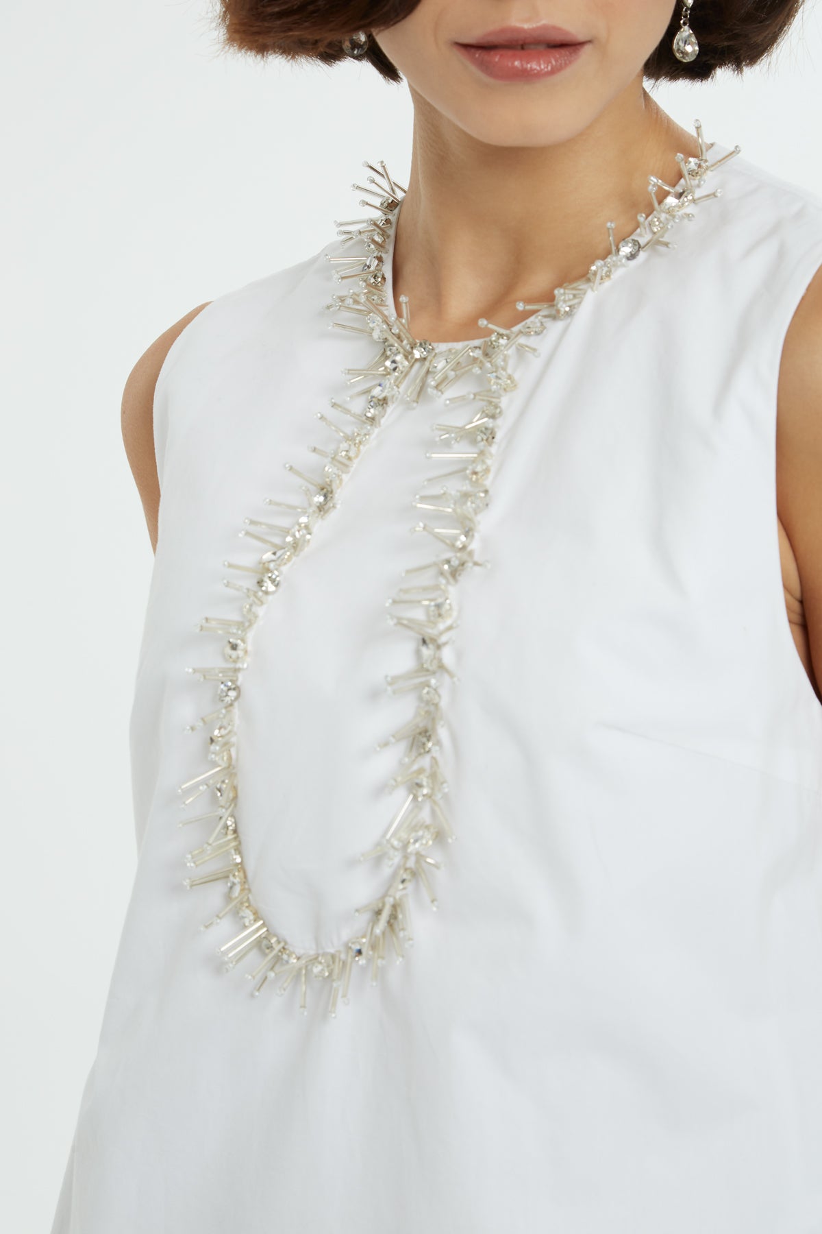 White Stone-Embellished Short Dress