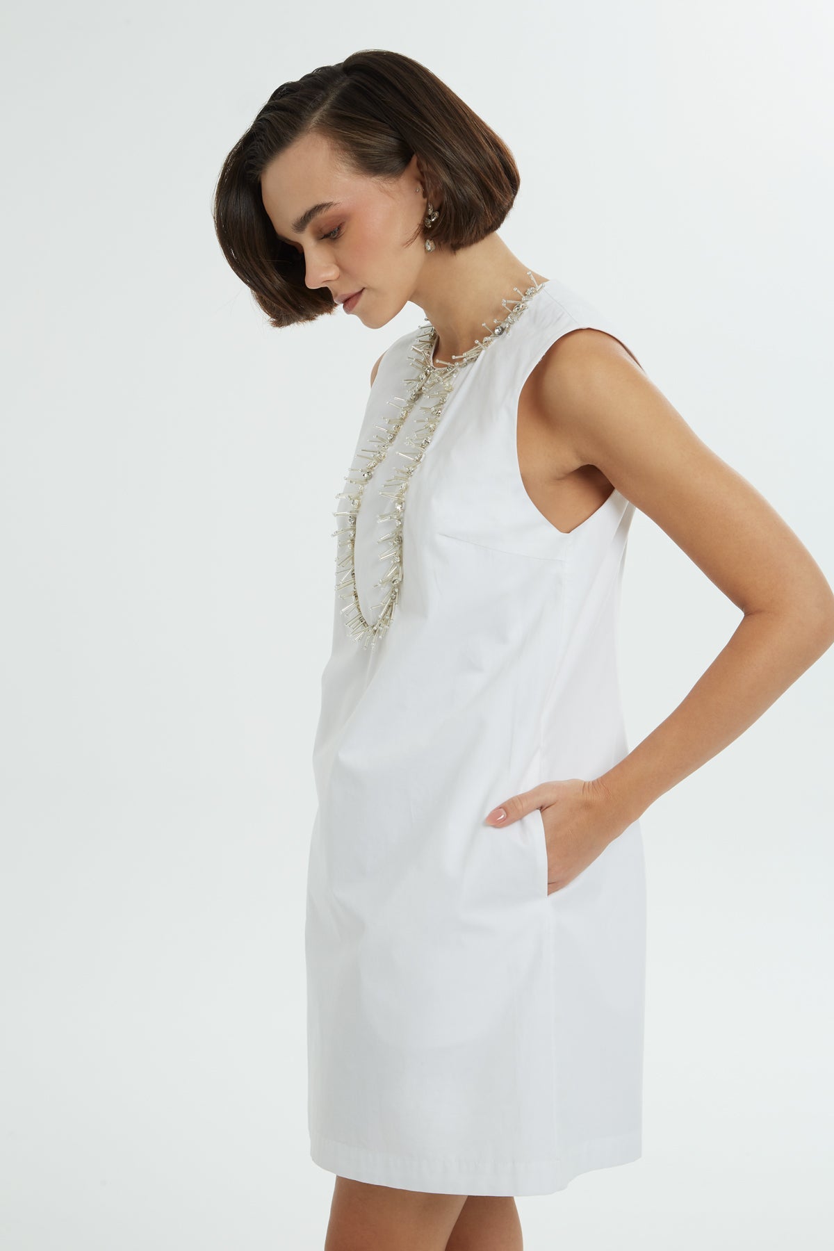 White Stone-Embellished Short Dress