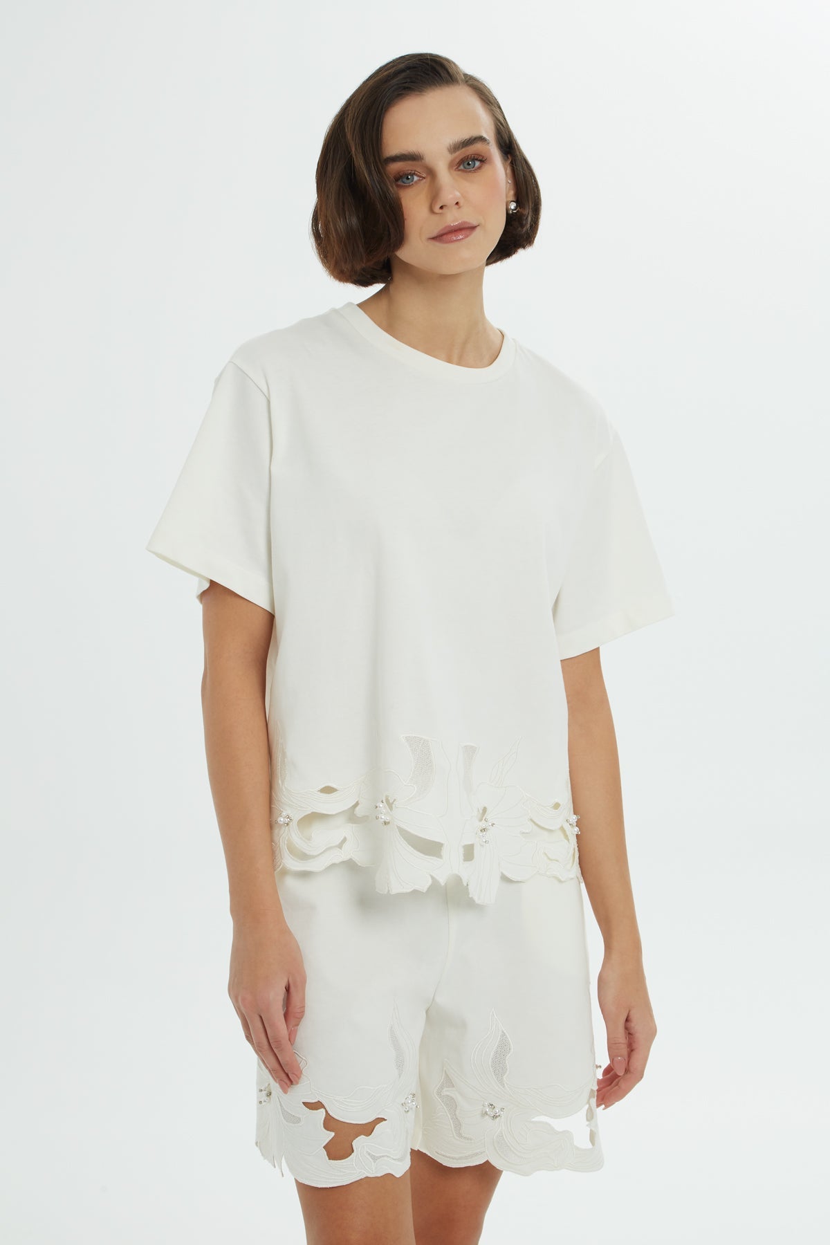 Ecru T-Shirt with Patterned Hem