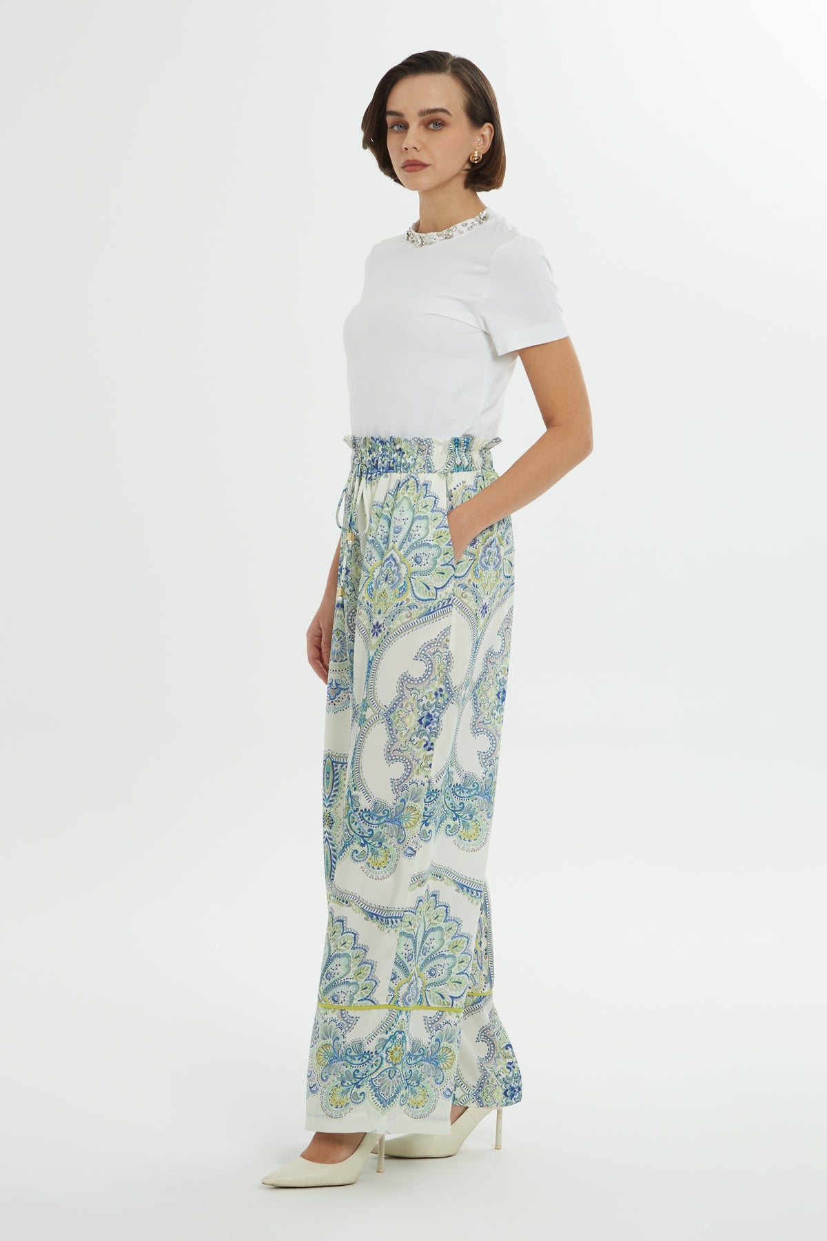 Printed Wide-Leg Blue Trousers