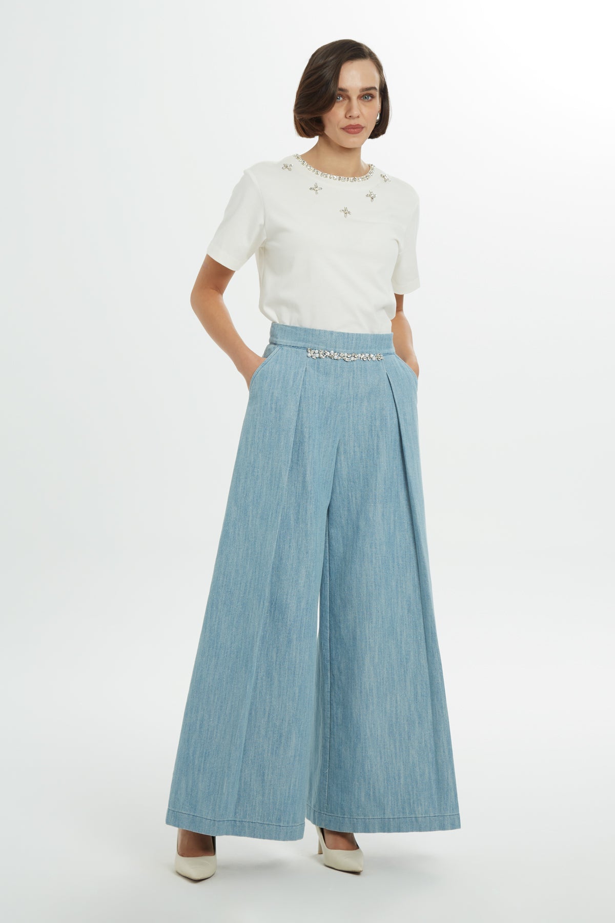 Blue Pleated Wide-Leg Woven Pants
