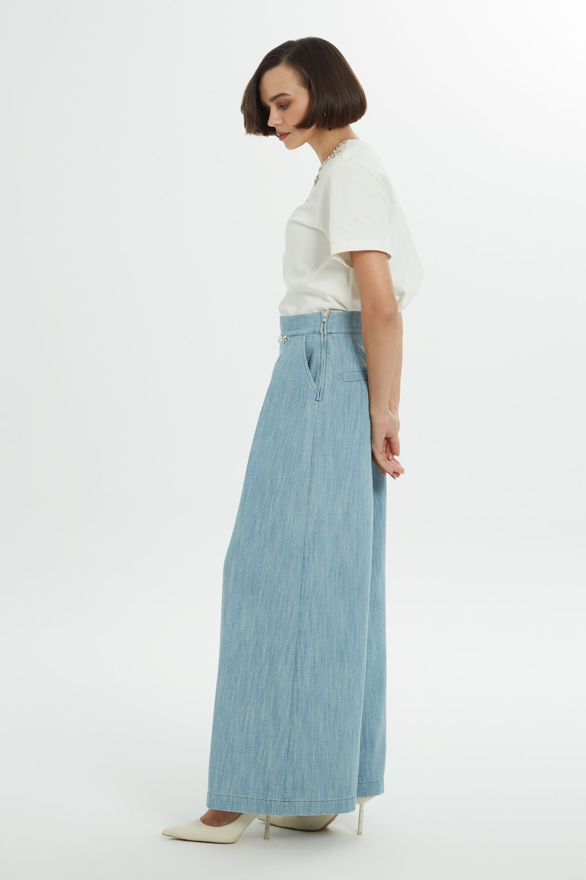 Blue Pleated Wide-Leg Woven Pants