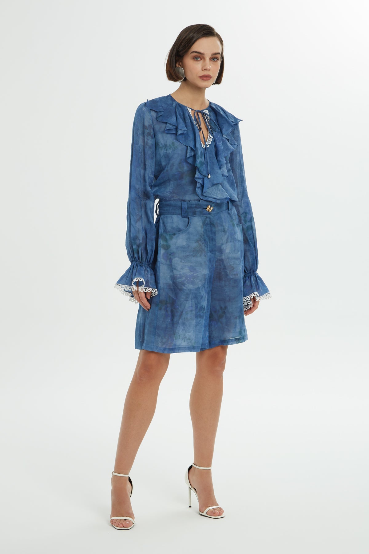 Blue Patterned Ramie Shorts