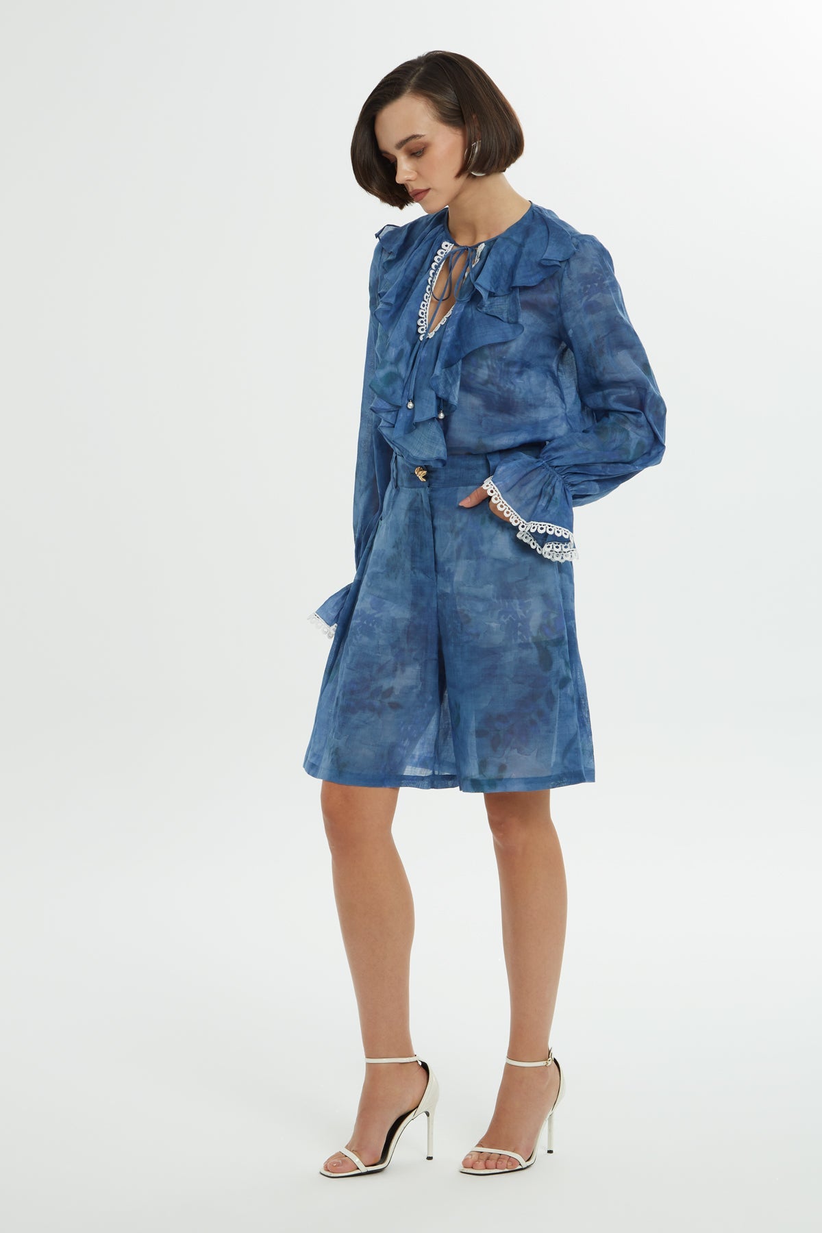 Blue Patterned Ramie Shorts