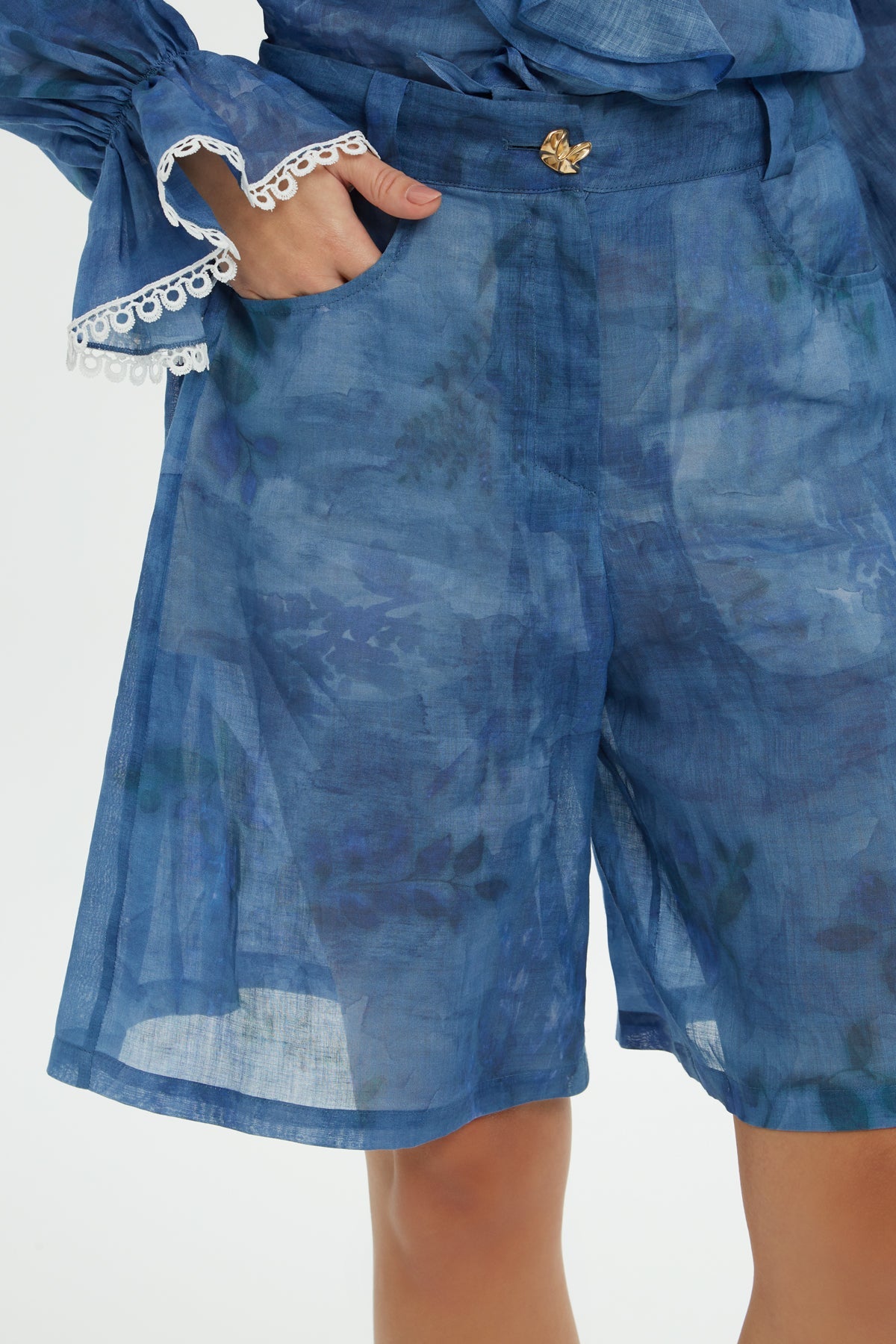 Blue Patterned Ramie Shorts