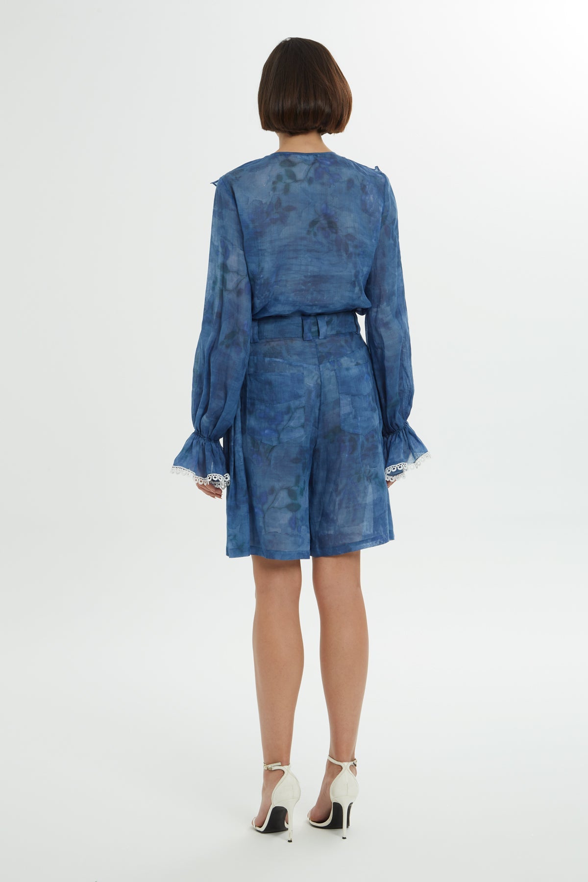 Blue Patterned Ramie Shorts