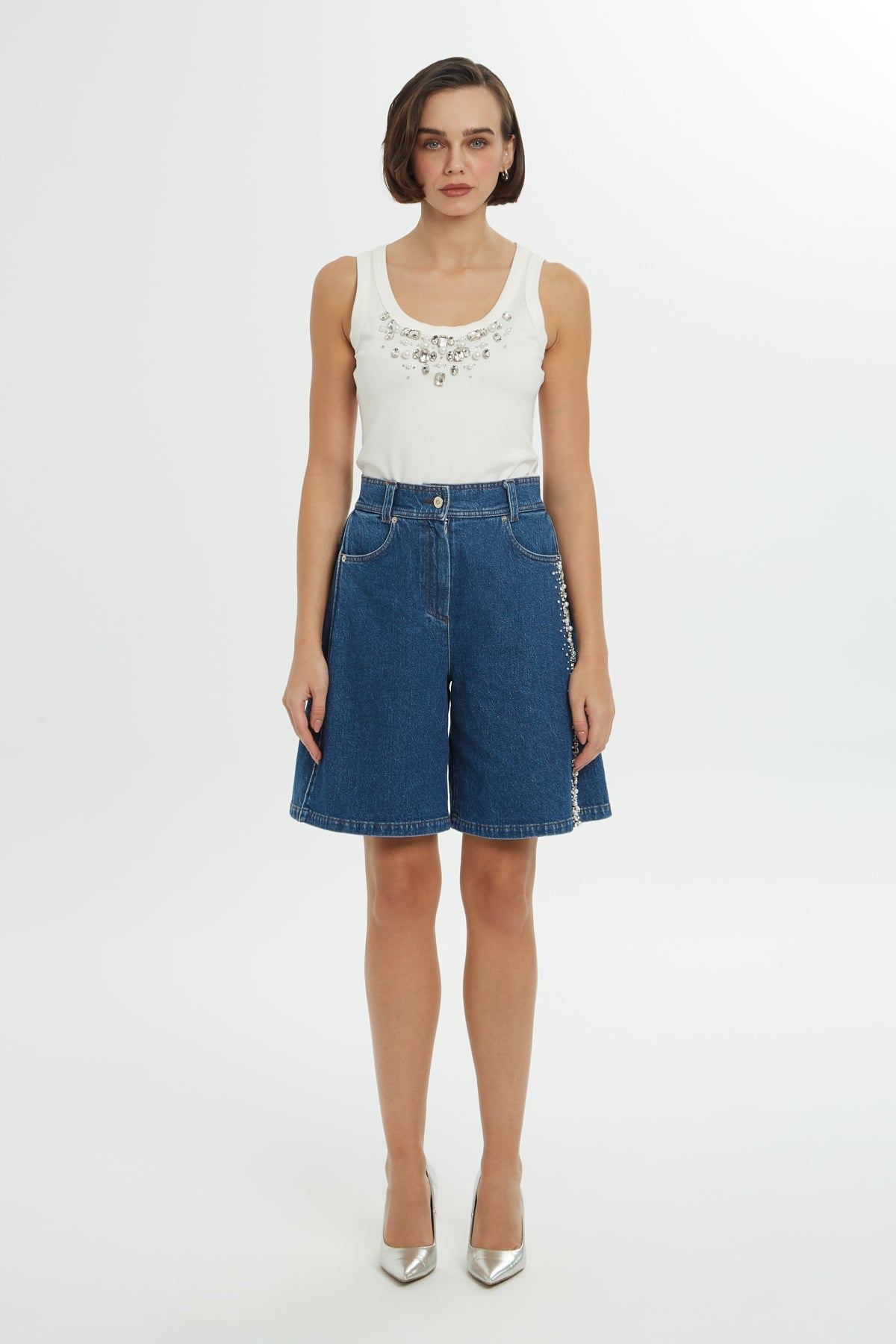 Blue Embroidered Denim Shorts