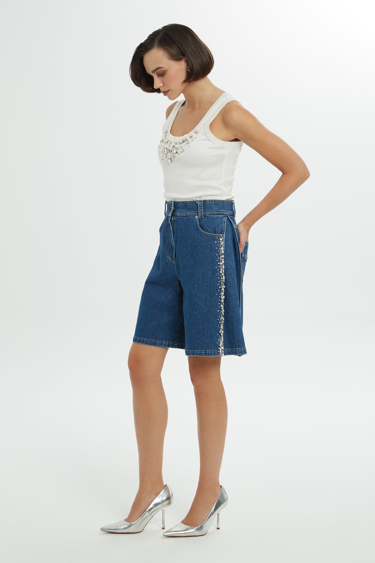 Blue Embroidered Denim Shorts