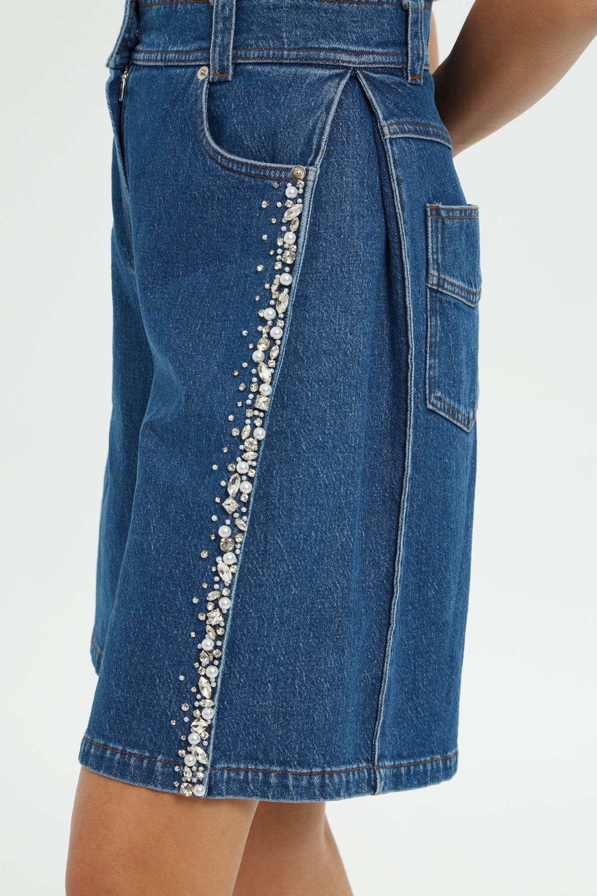 Blue Embroidered Denim Shorts