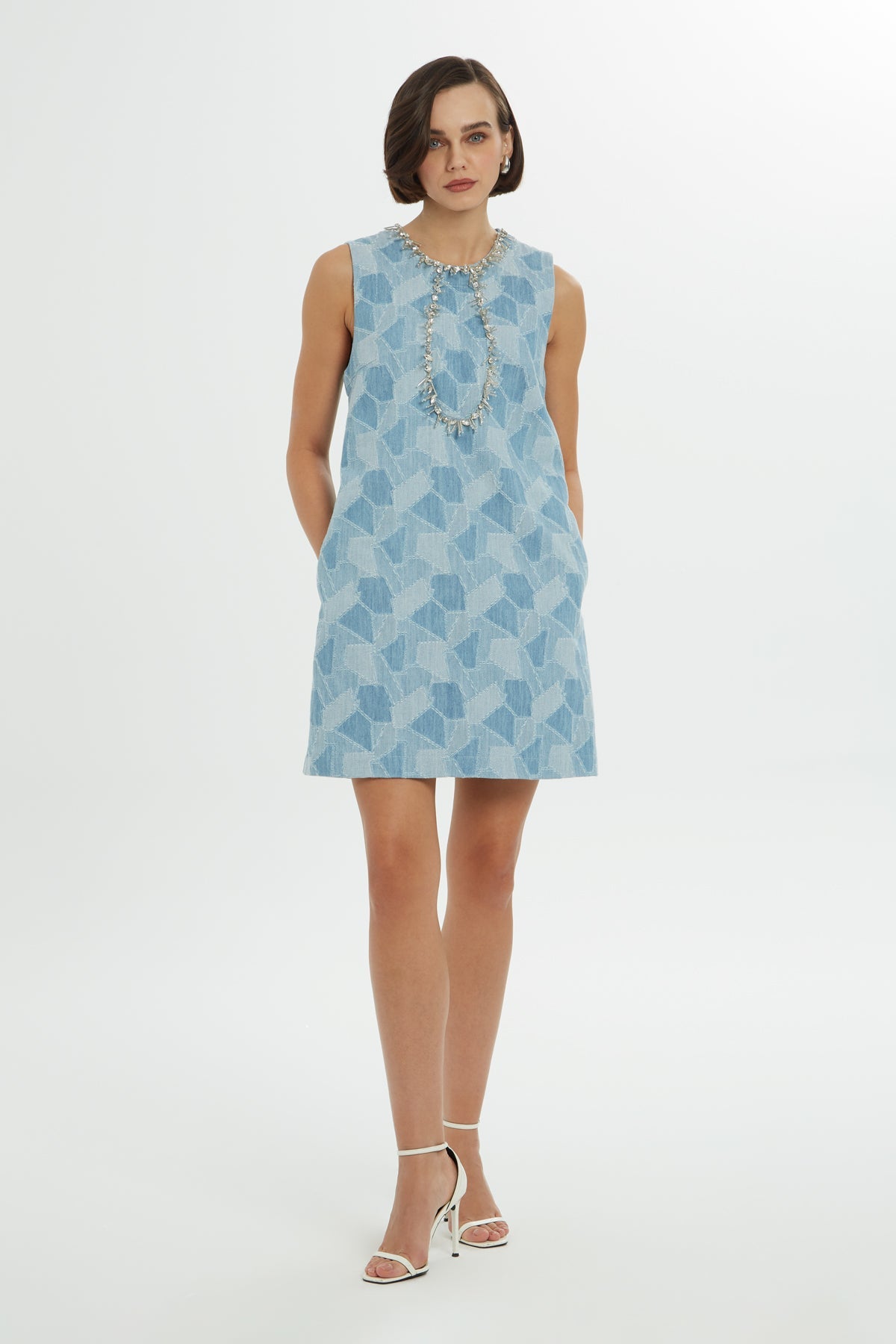 Printed Stone-Embellished Short Dress