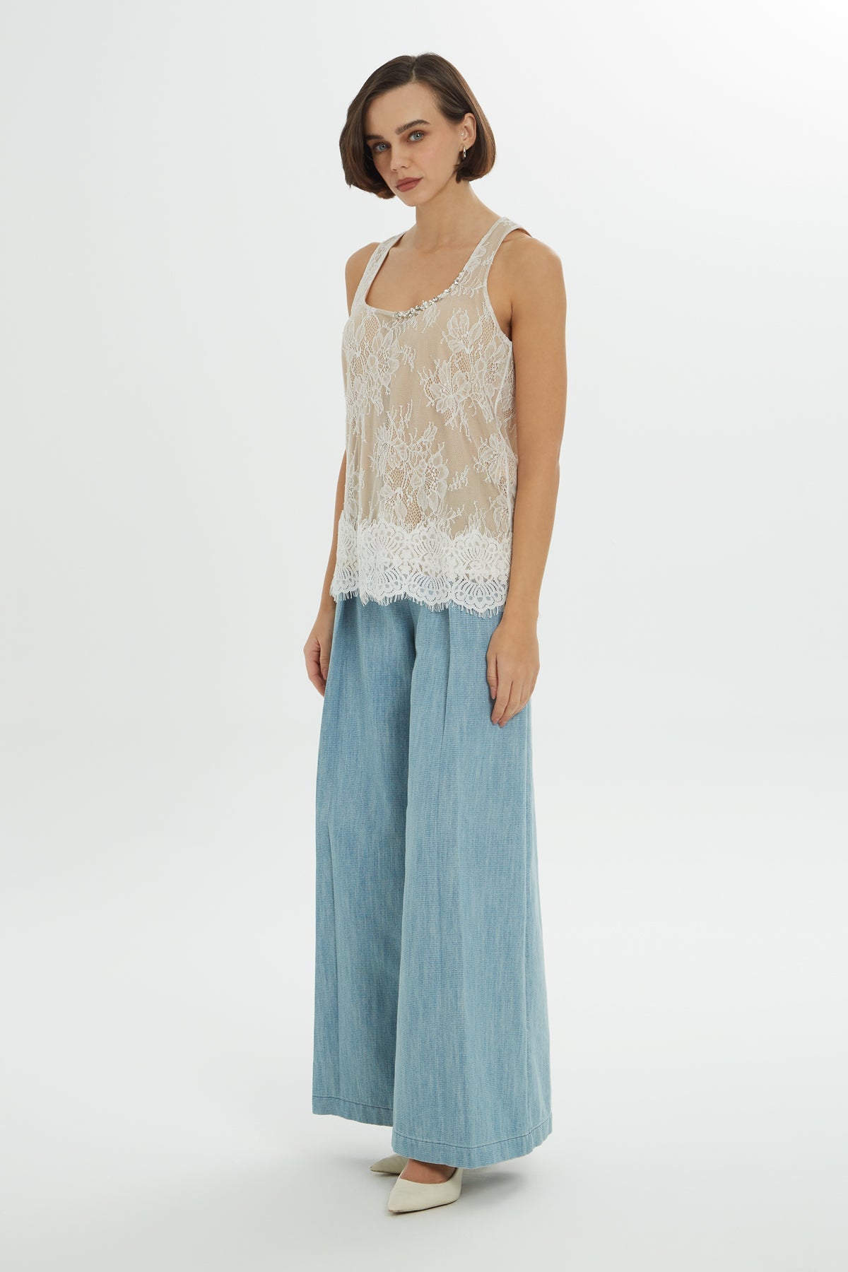 Ecru Embellished Lace Blouse