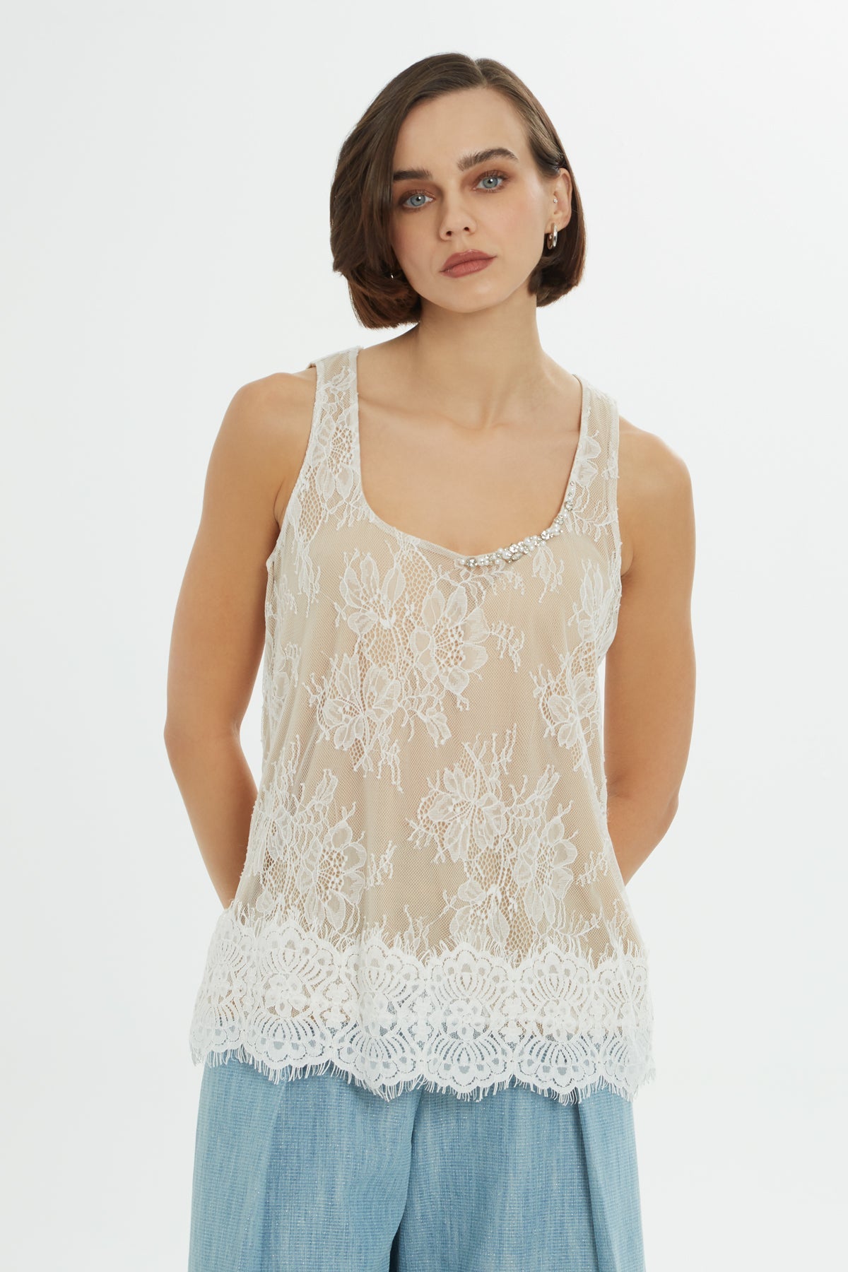 Ecru Embellished Lace Blouse