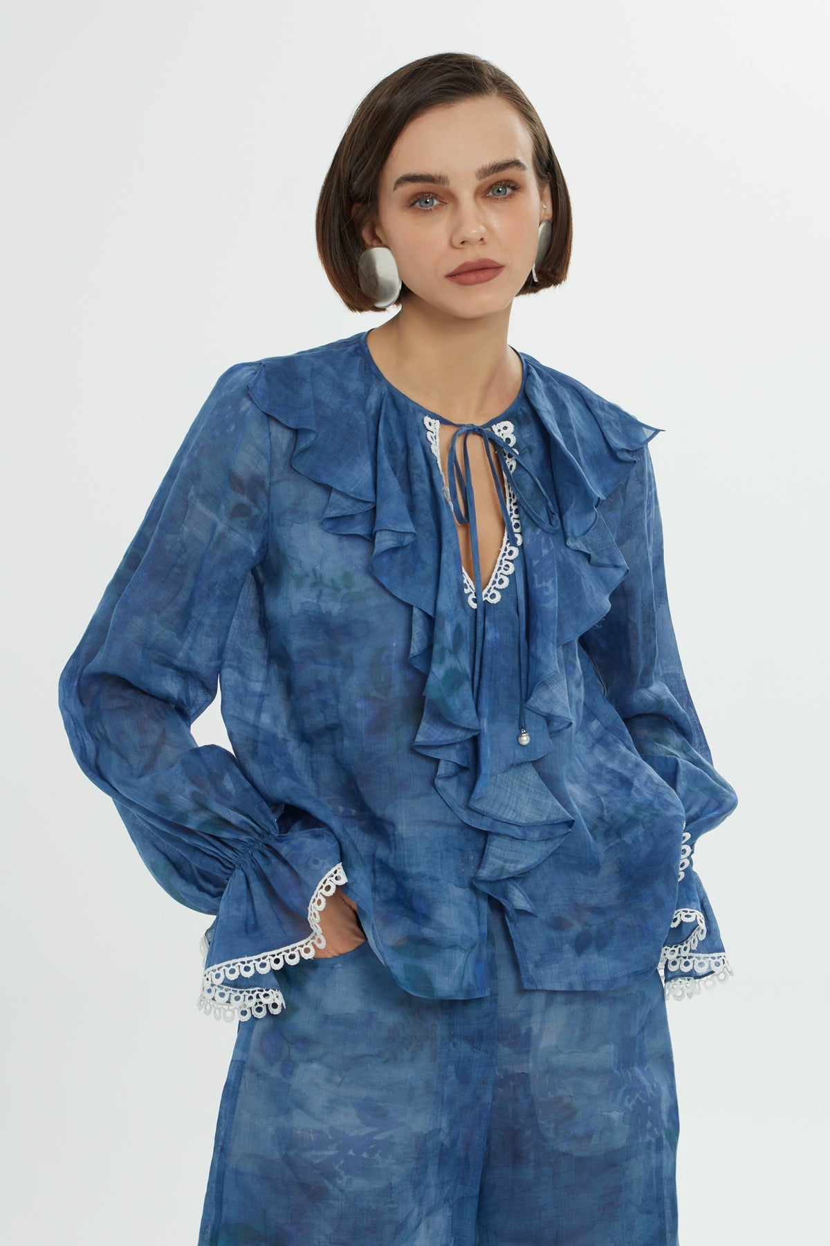 Blue Ruffle Collar Detail Blouse