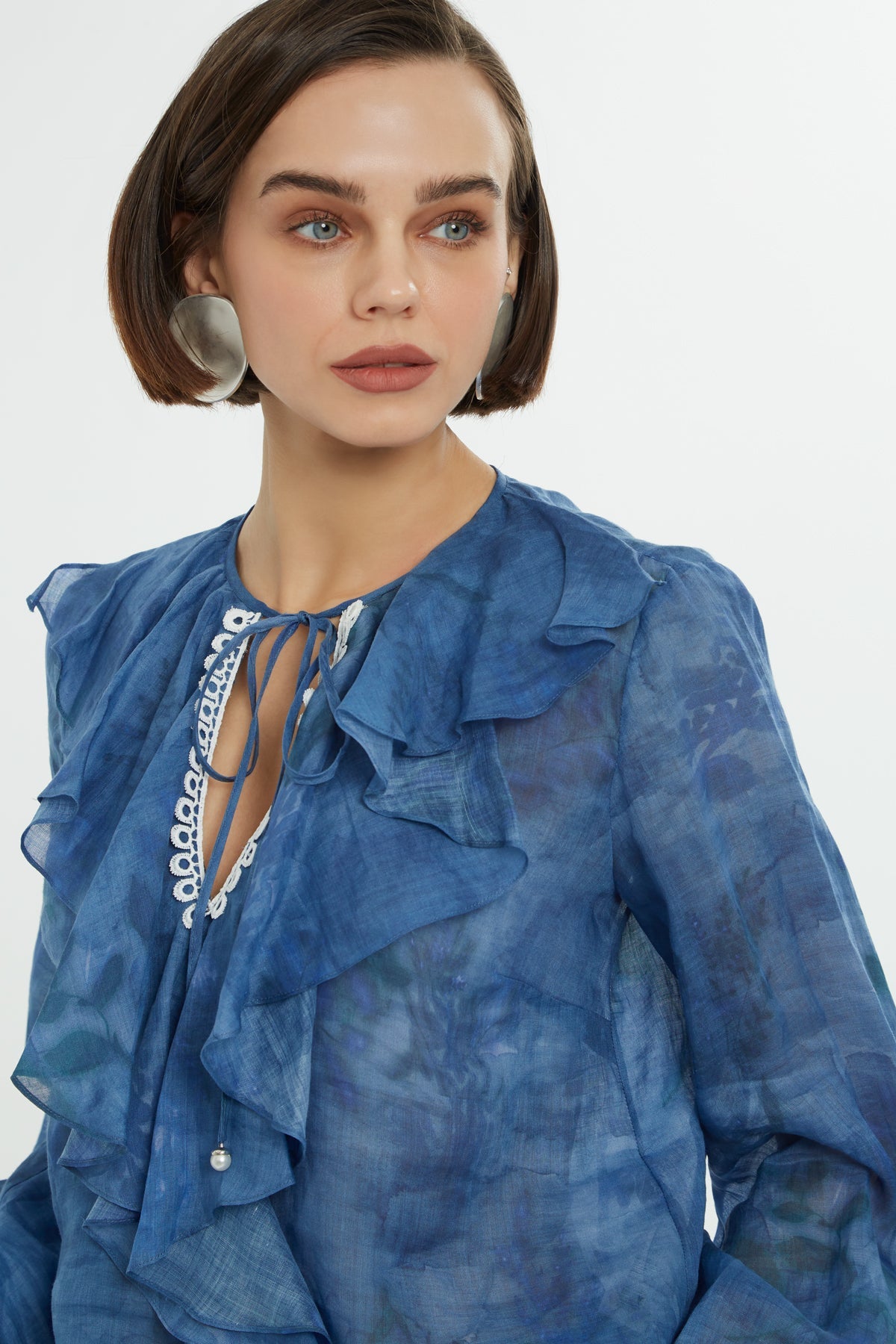 Blue Ruffle Collar Detail Blouse