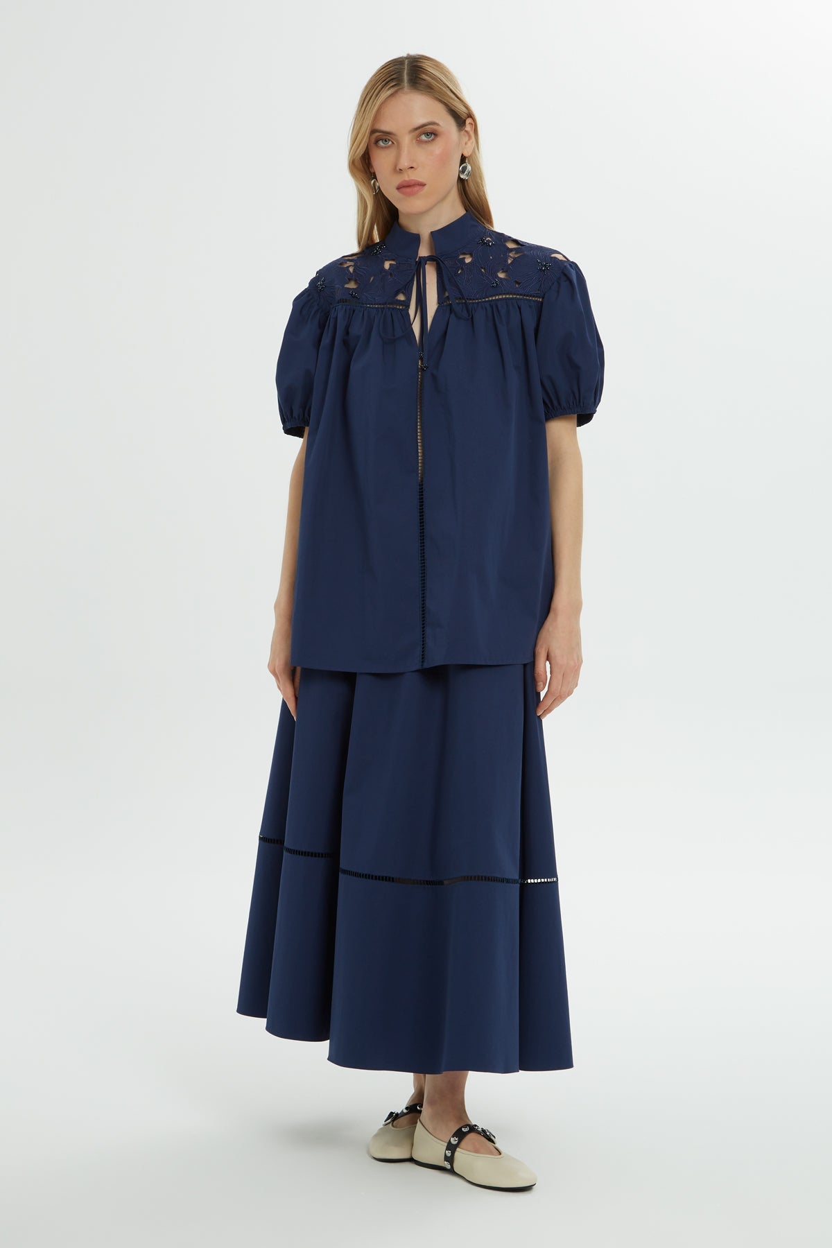 Navy Stand-Collar Cotton Shirt