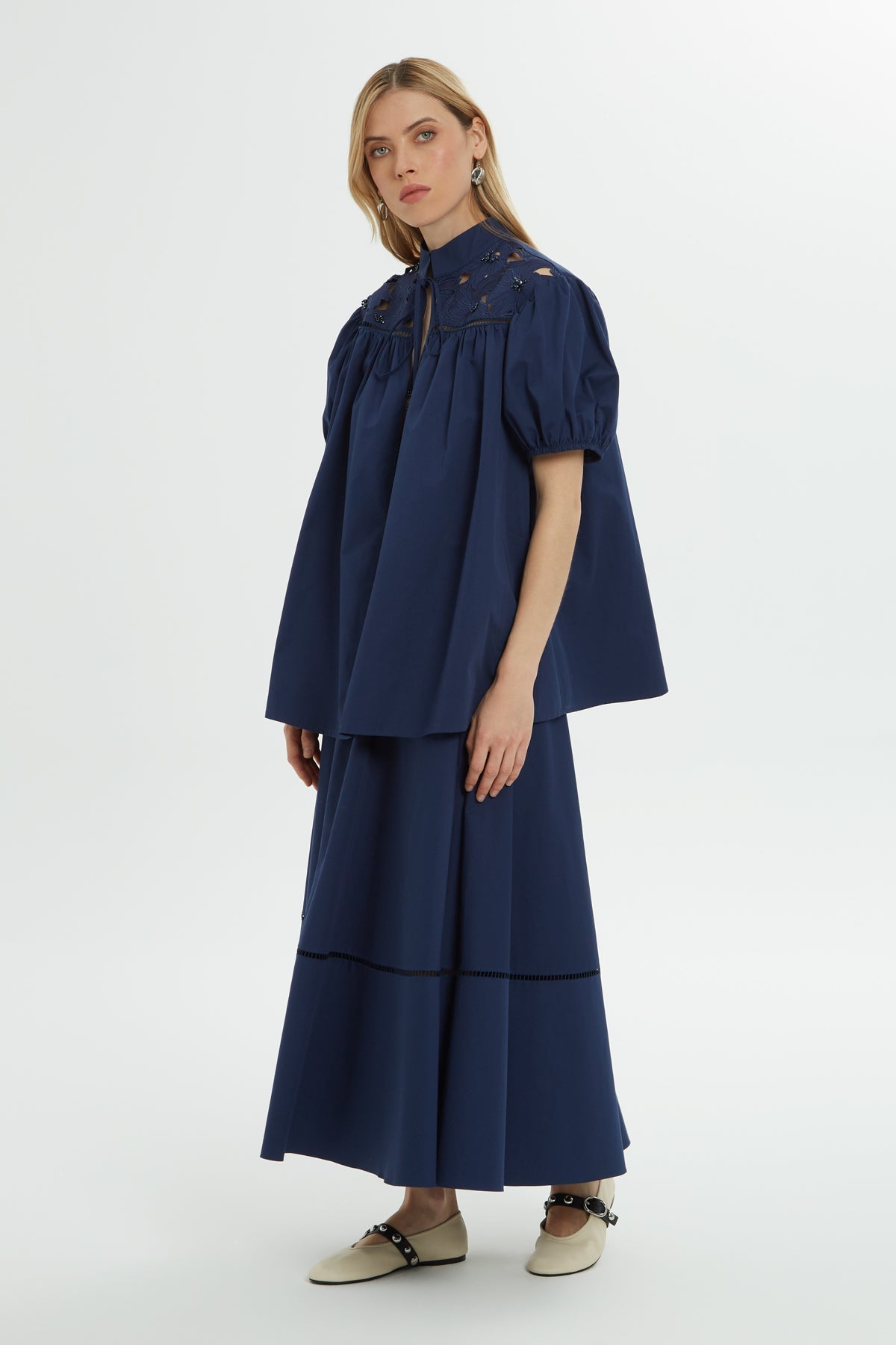 Navy Stand-Collar Cotton Shirt