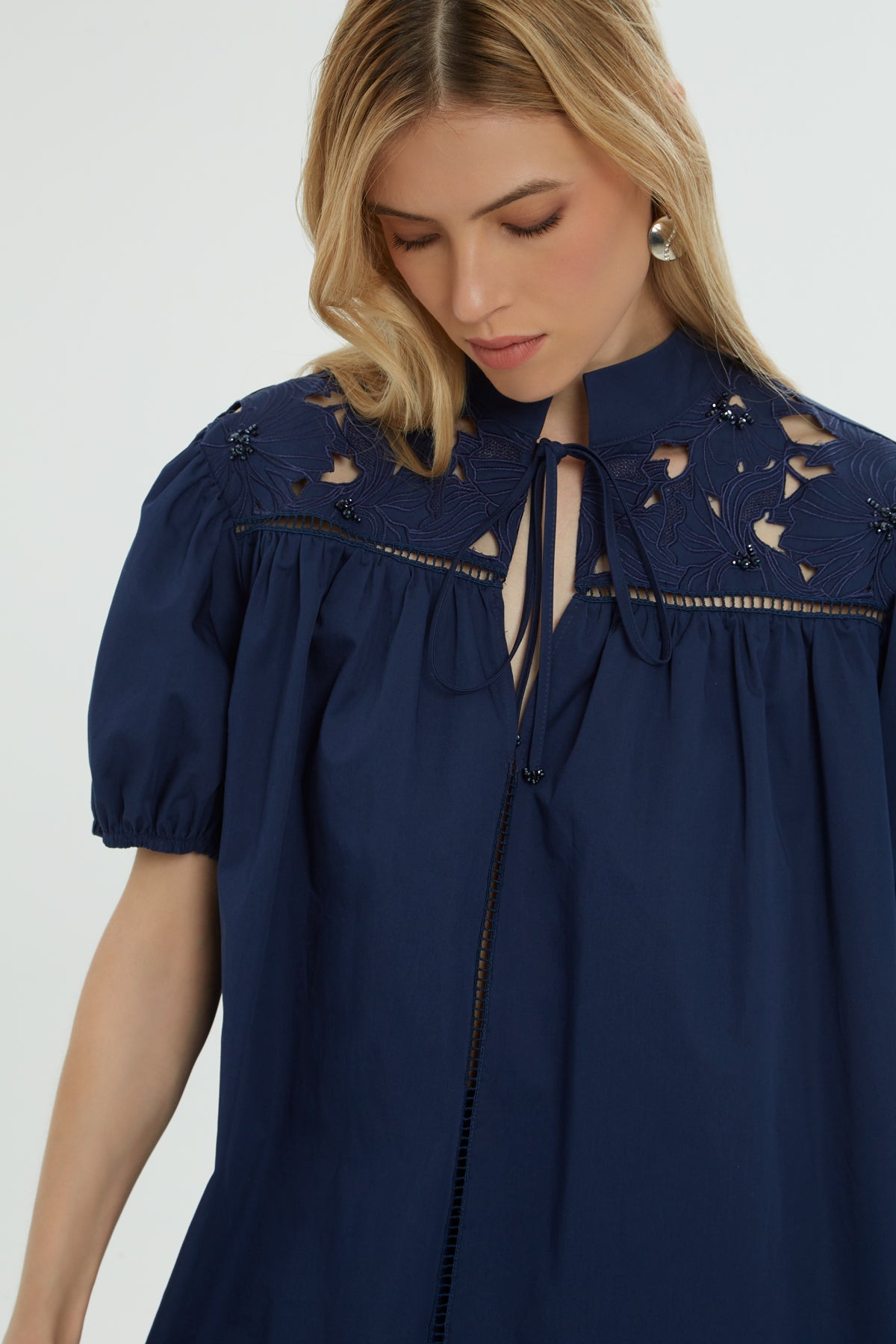 Navy Stand-Collar Cotton Shirt