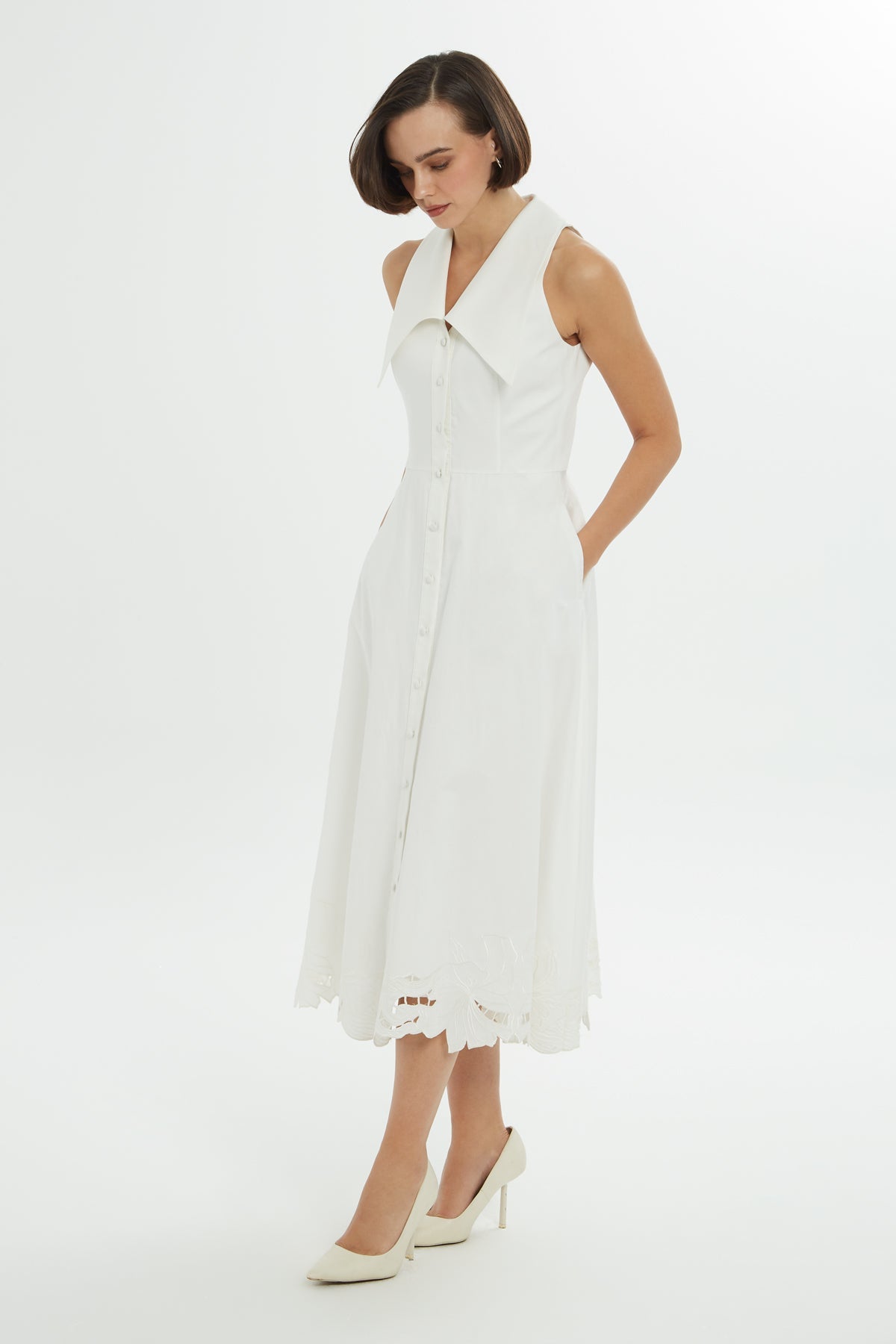 Ecru Midi Dress with Waistband