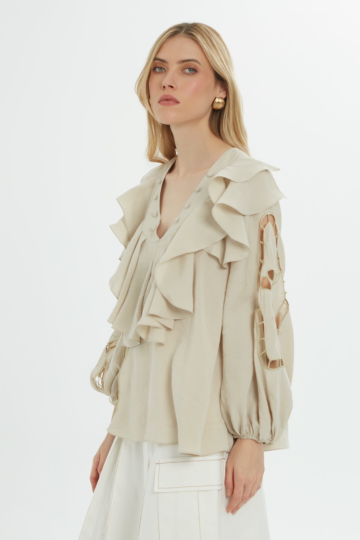 Beige Ruffle Embroidered Blouse