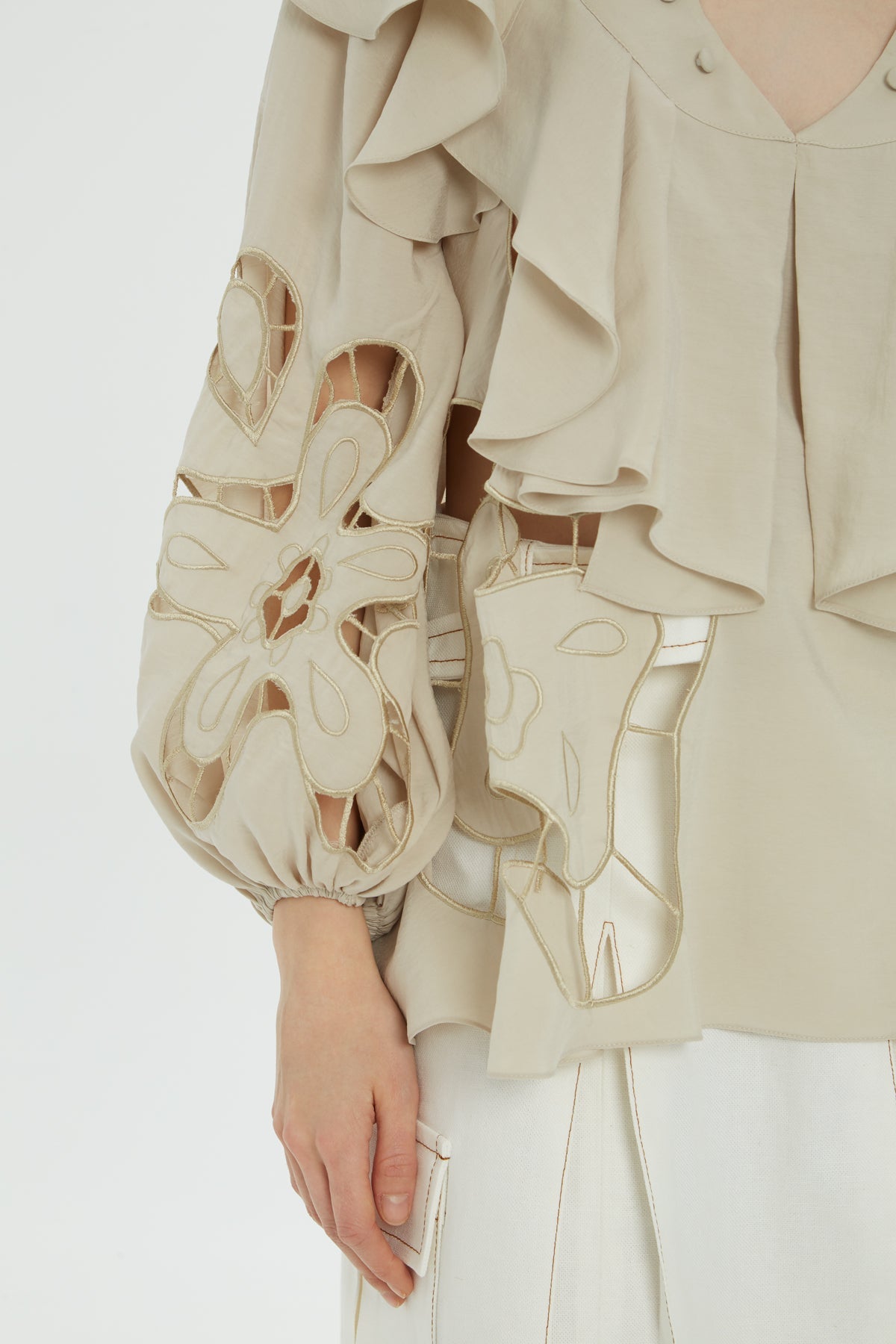 Beige Ruffle Embroidered Blouse