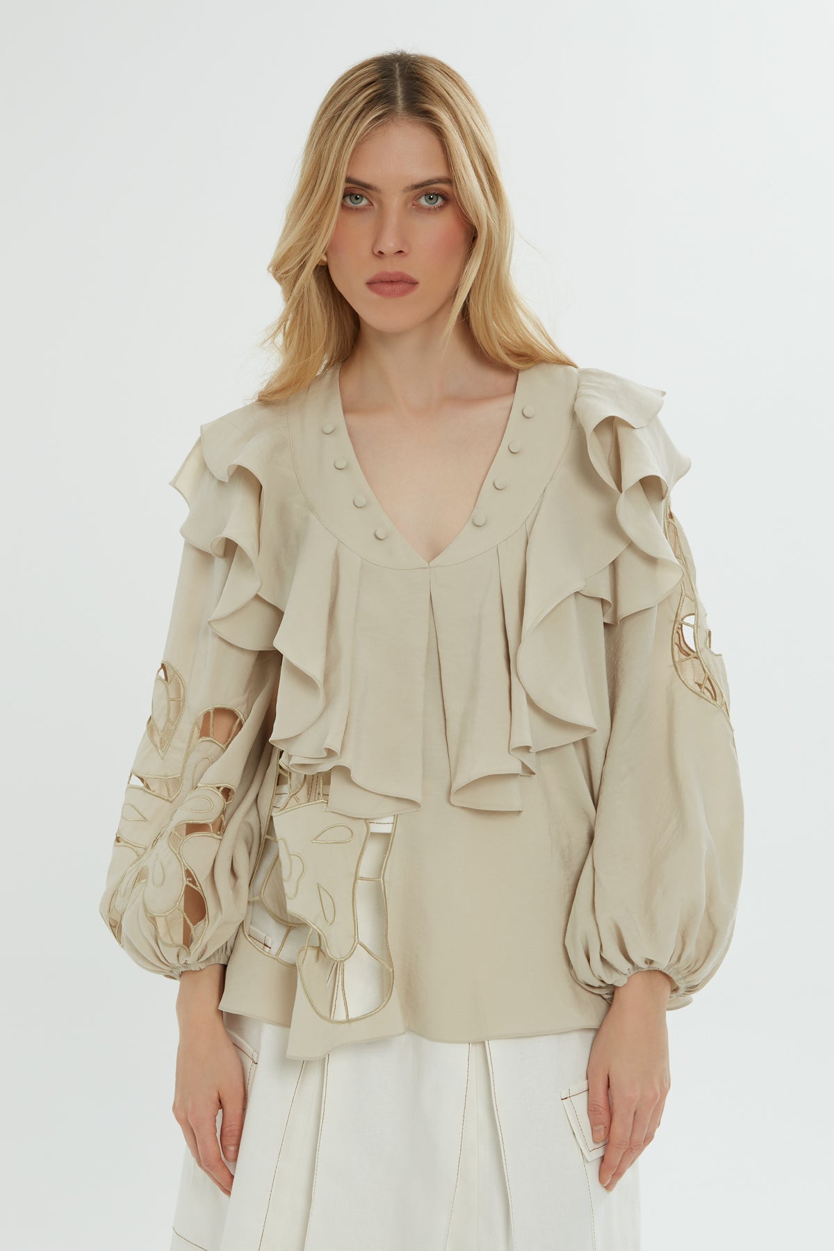 Beige Ruffle Embroidered Blouse