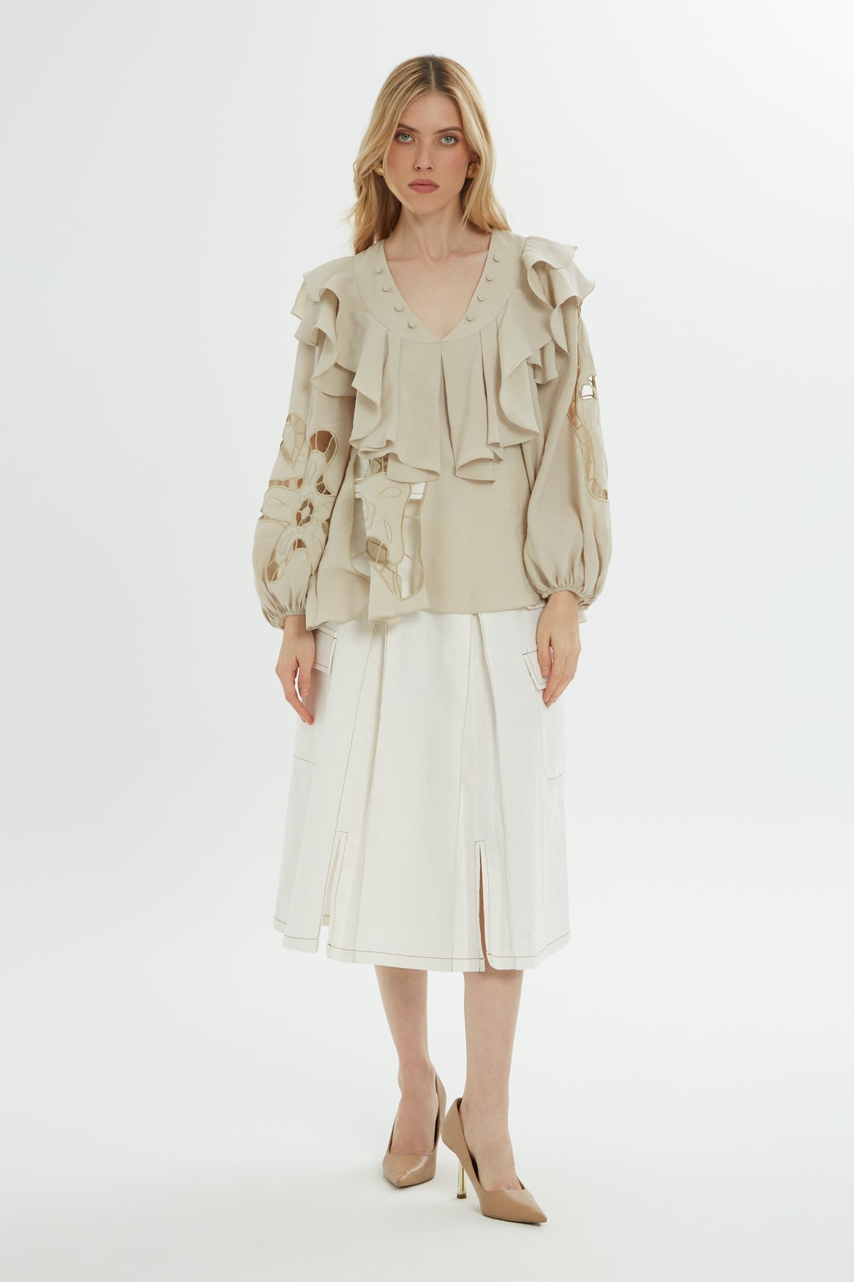 Beige Ruffle Embroidered Blouse