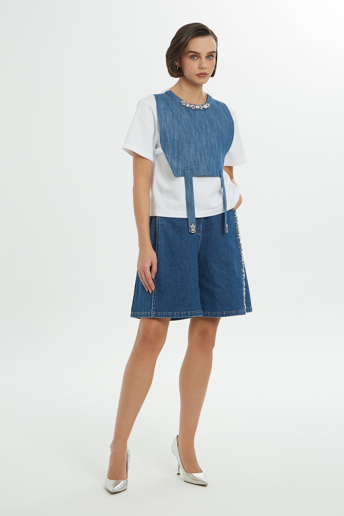 White Denim Embroidered T-Shirt