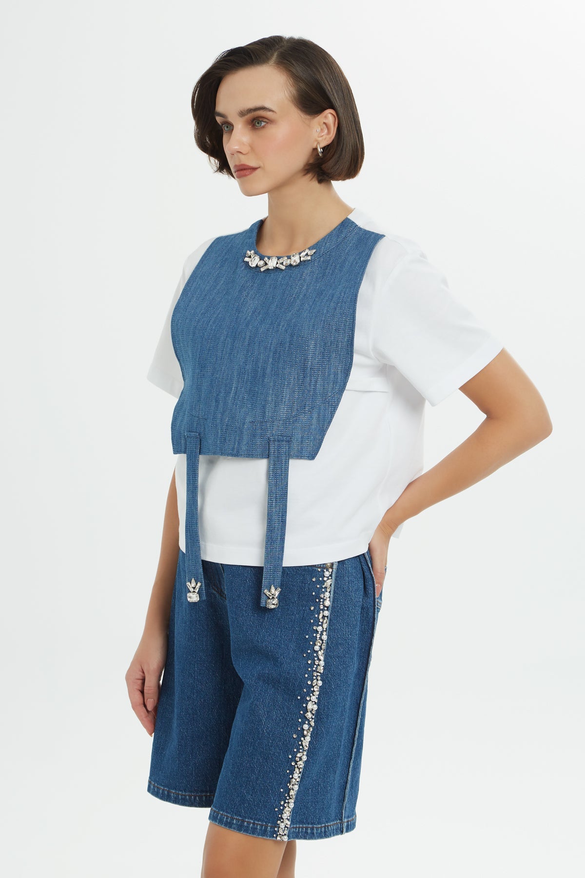 White Denim Embroidered T-Shirt