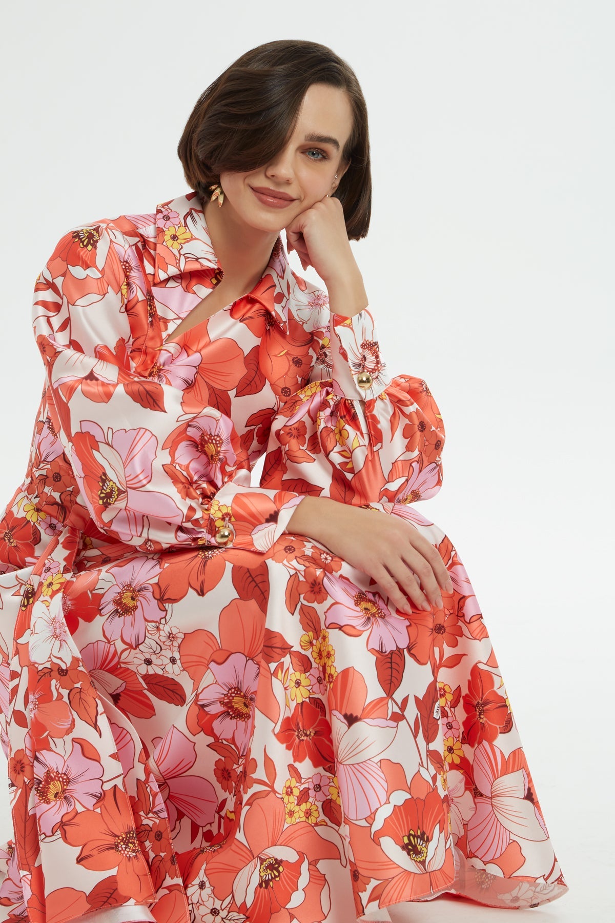 Printed Long-Sleeve Midi Dress