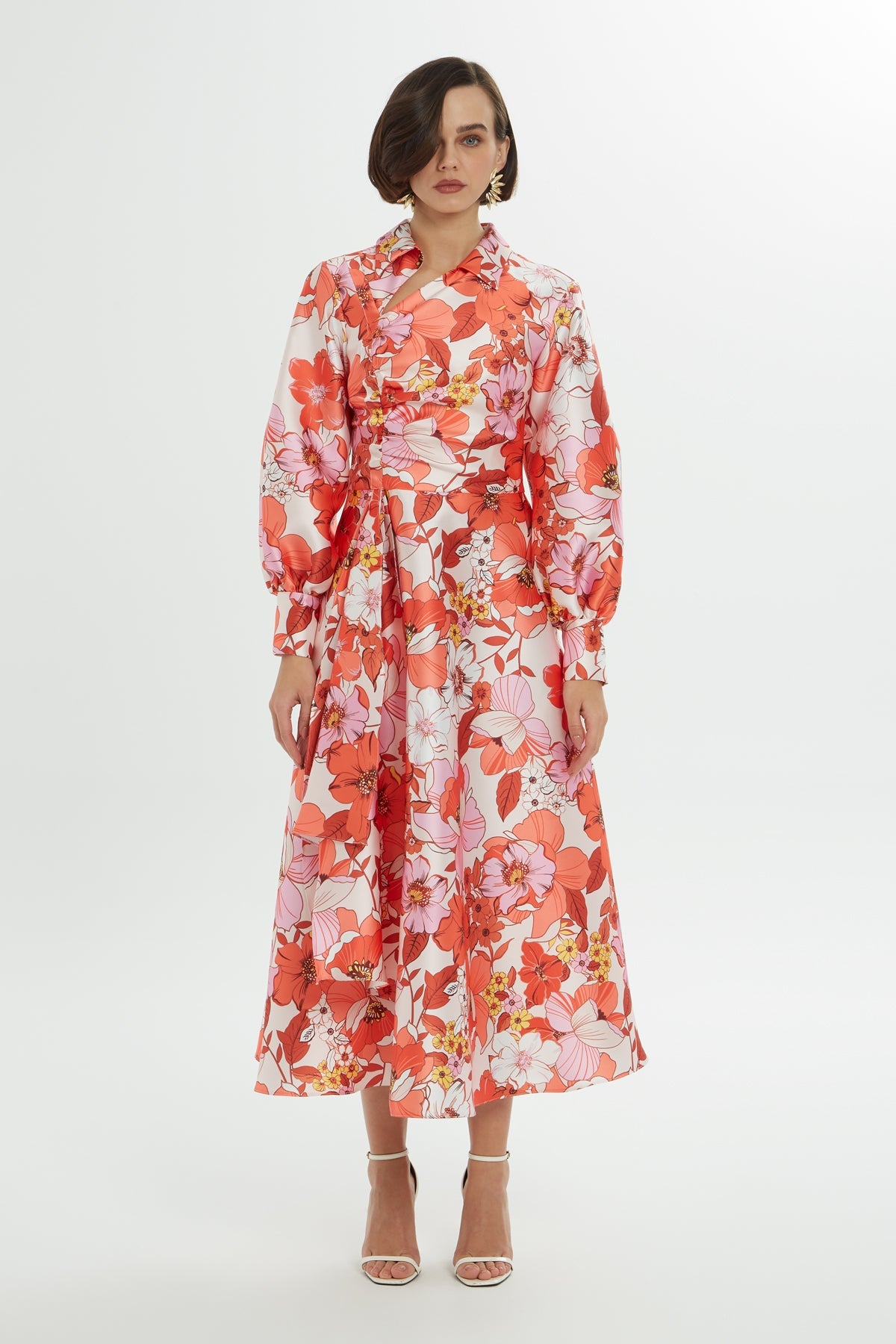 Printed Long-Sleeve Midi Dress