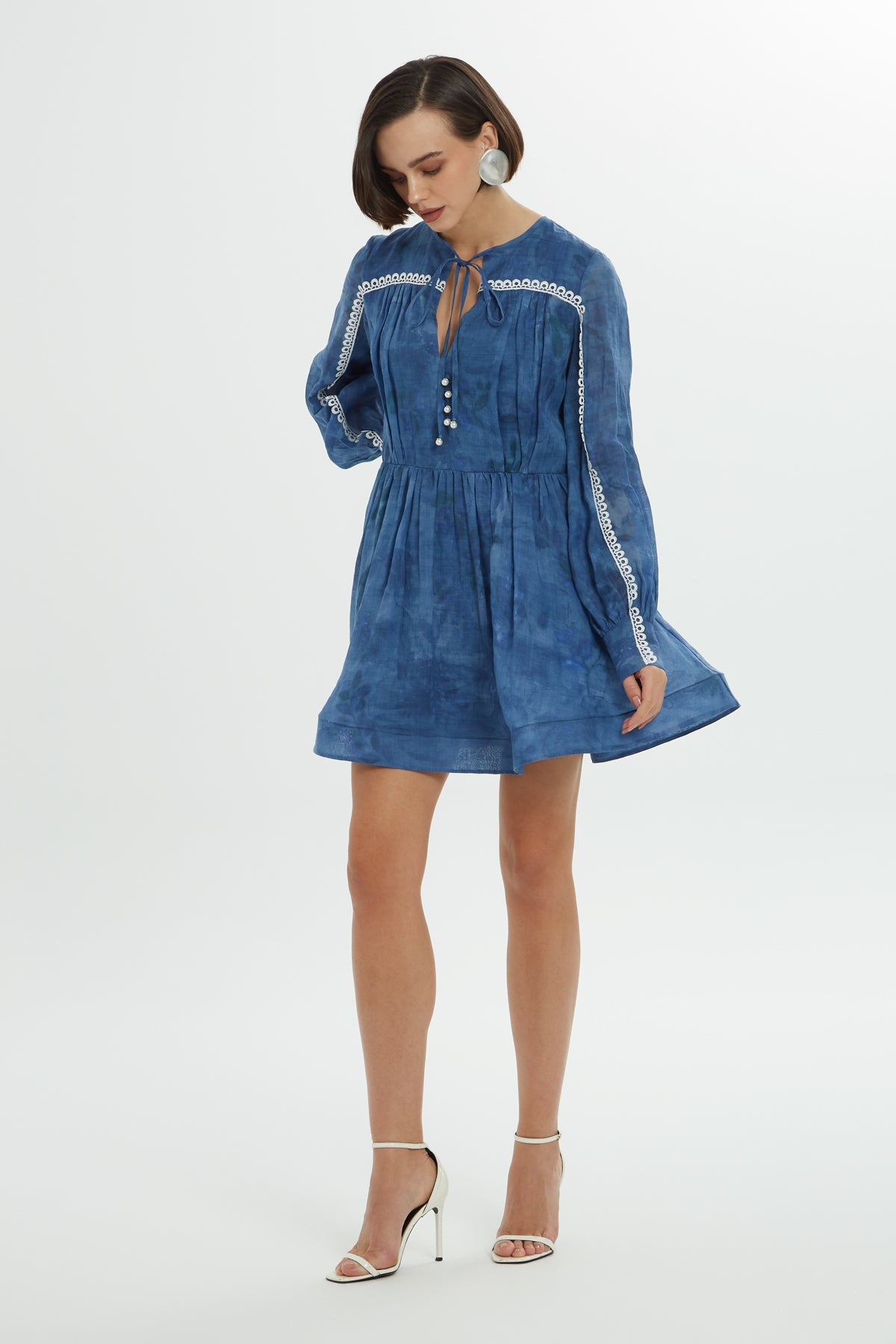 Blue Short Dress with Lace Details