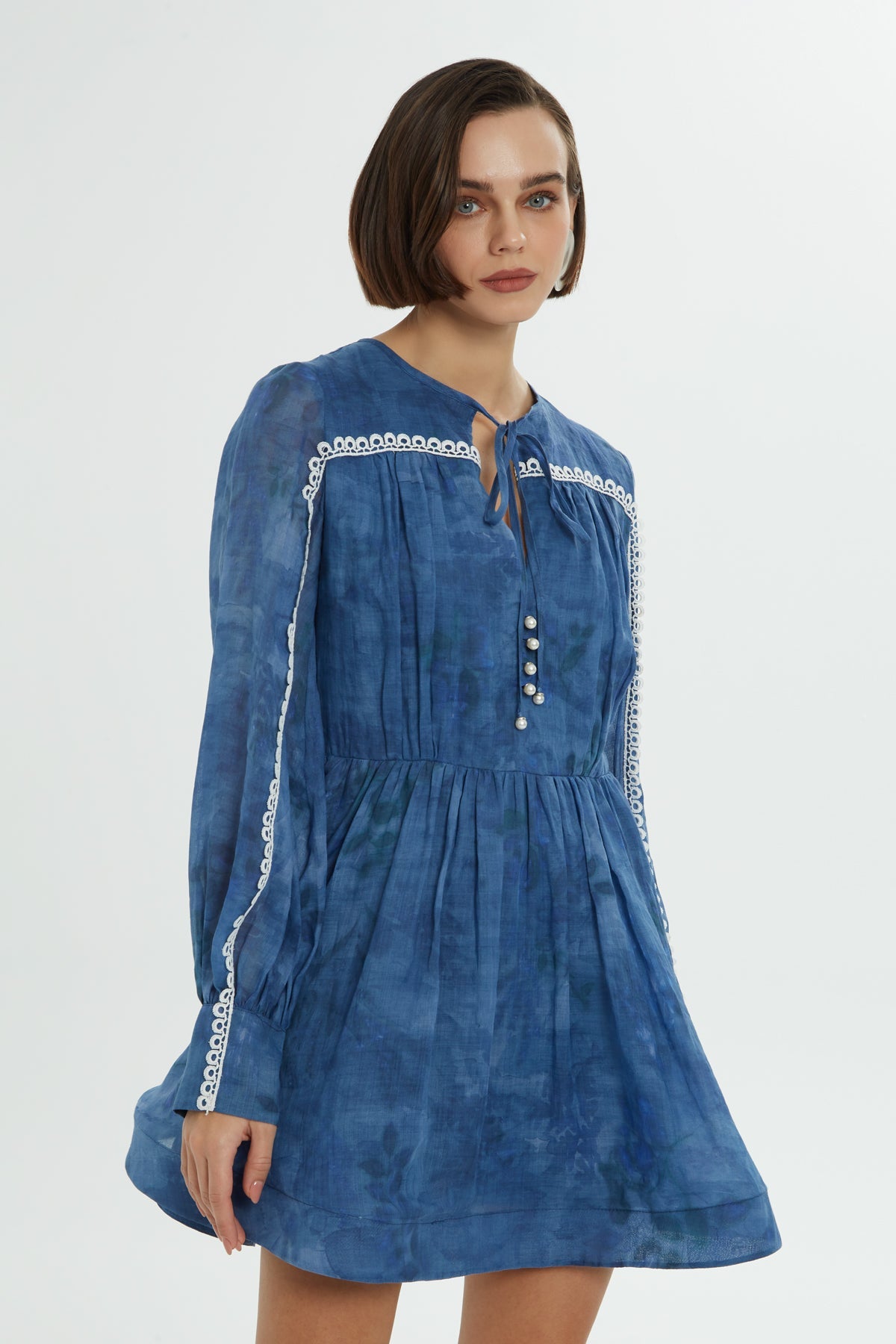 Blue Short Dress with Lace Details