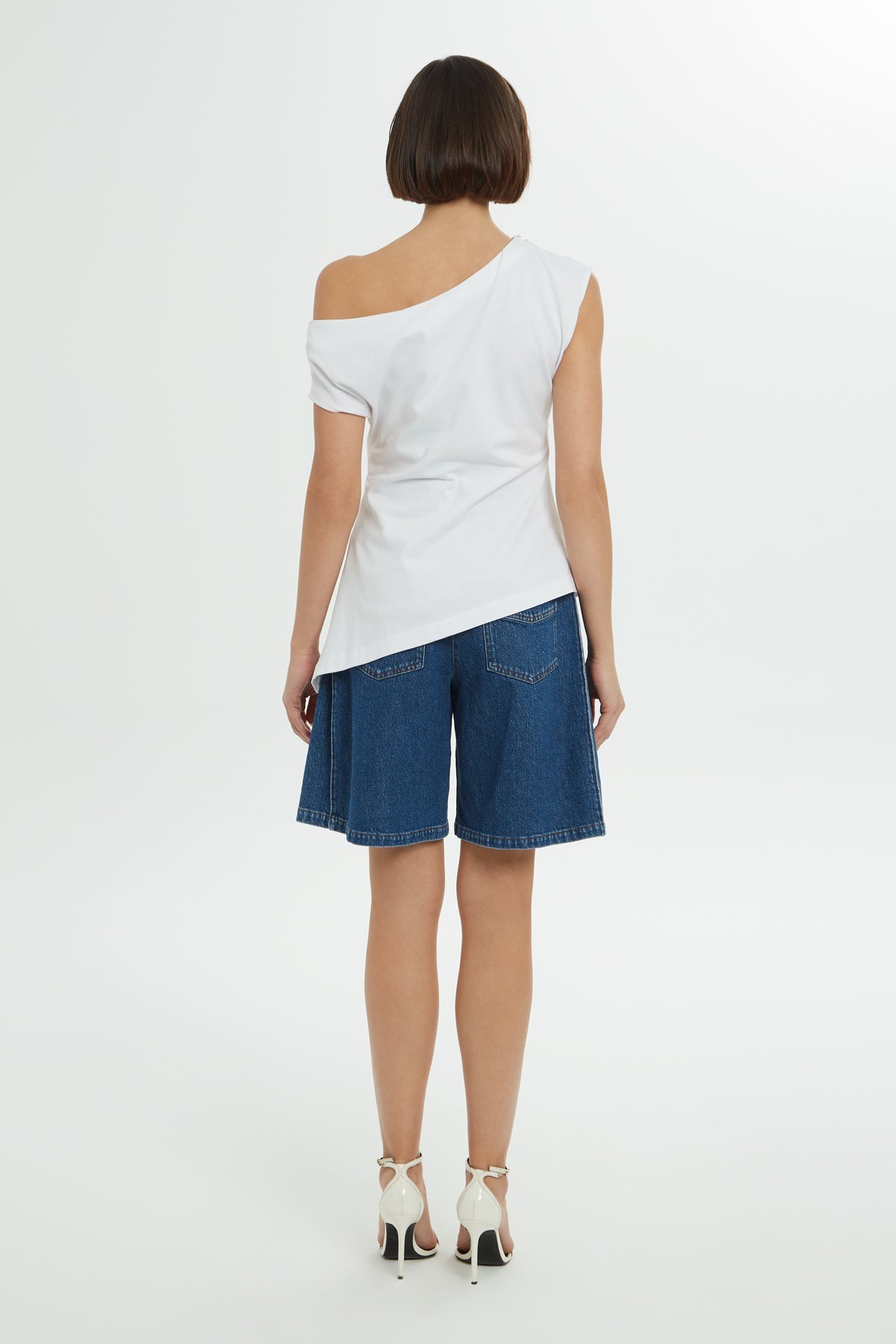 White One-Shoulder Crystal Trim Blouse