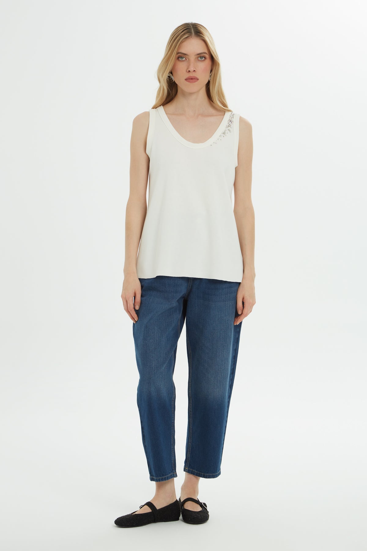 Ecru Beaded Stone Accent Blouse