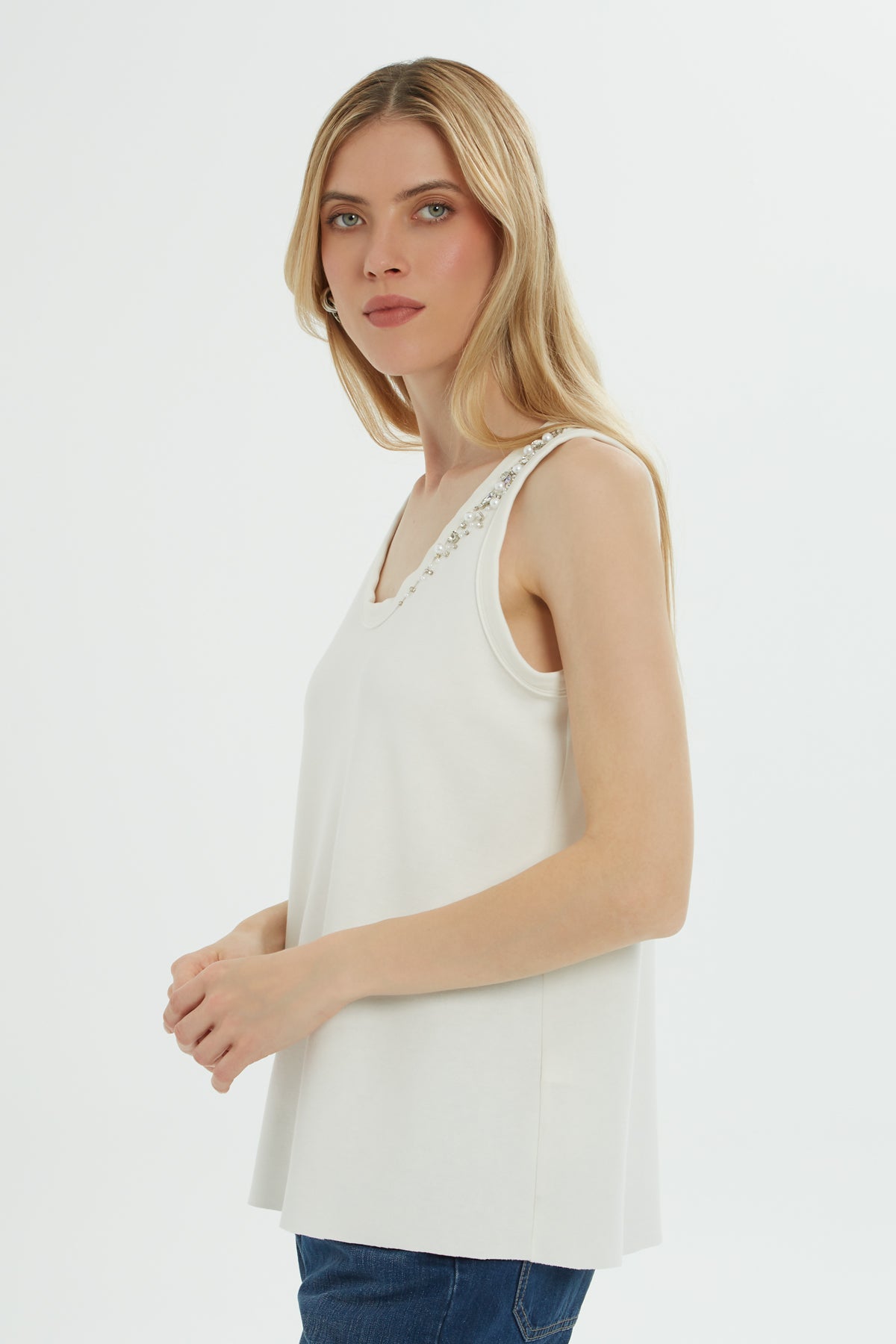 Ecru Beaded Stone Accent Blouse