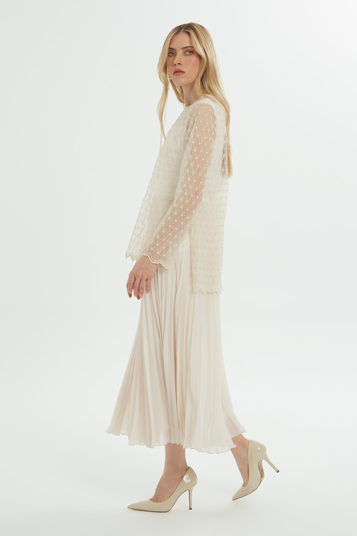 Ecru Pleated Dress with Tulle Detail