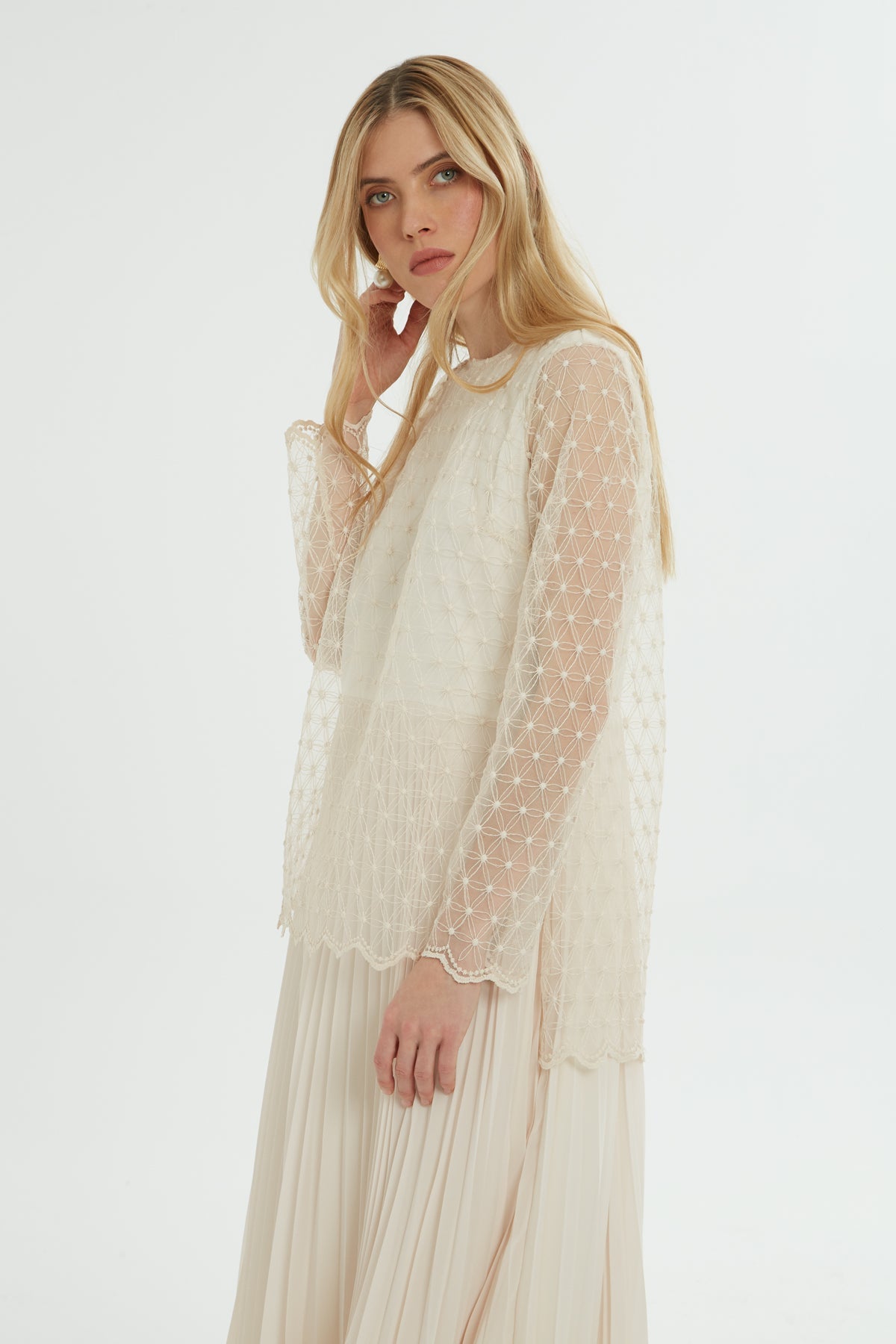 Ecru Pleated Dress with Tulle Detail