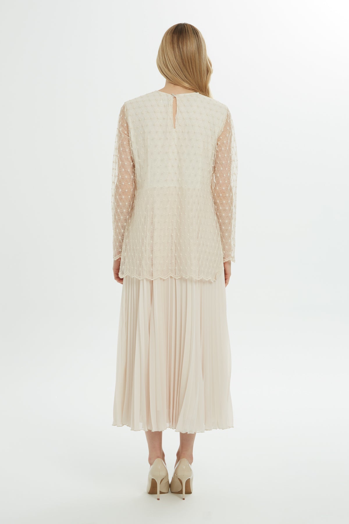 Ecru Pleated Dress with Tulle Detail