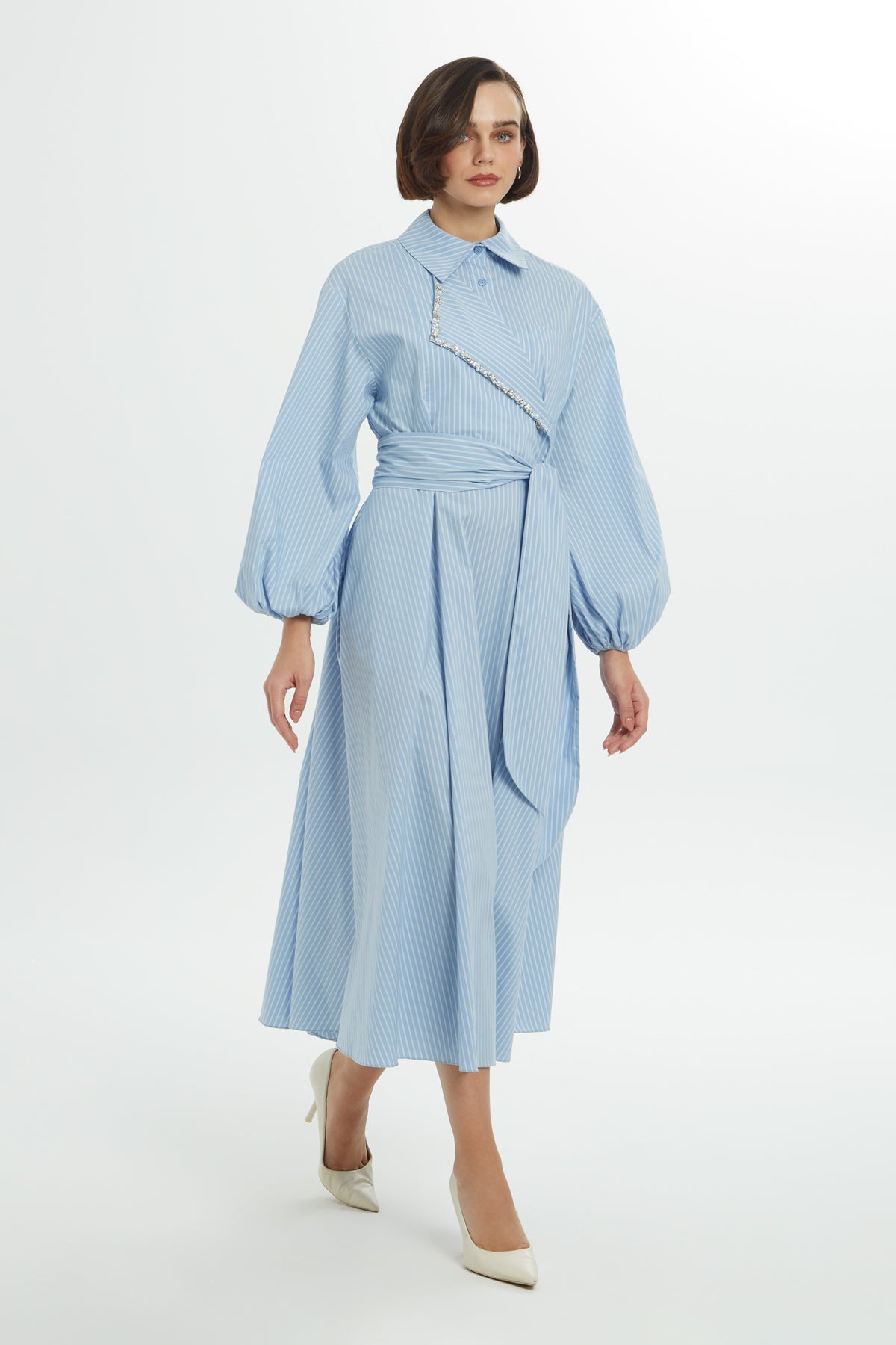 Blue Midi Dress with Shirt Collar