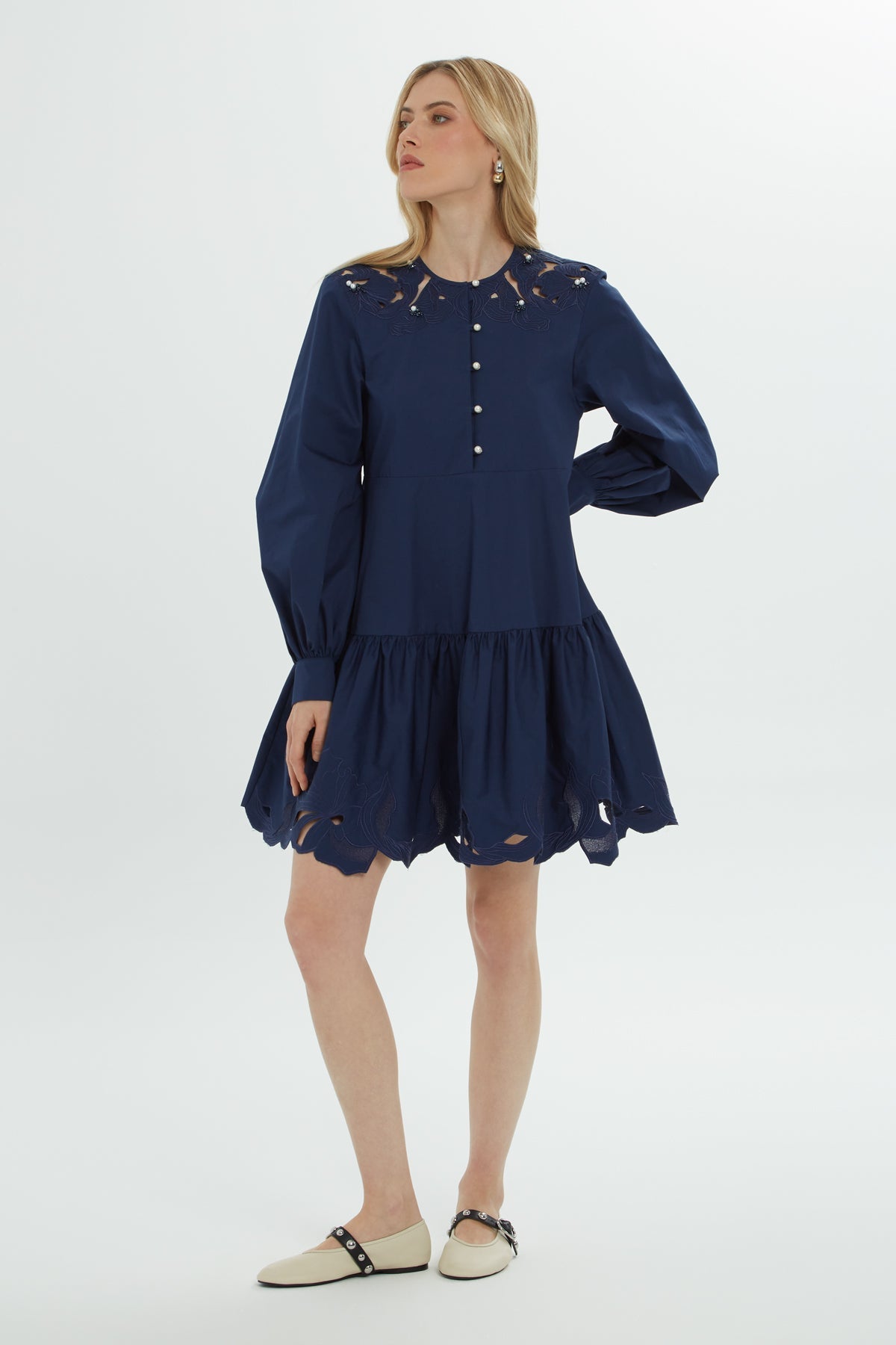 Navy Pearl-Button Short Dress